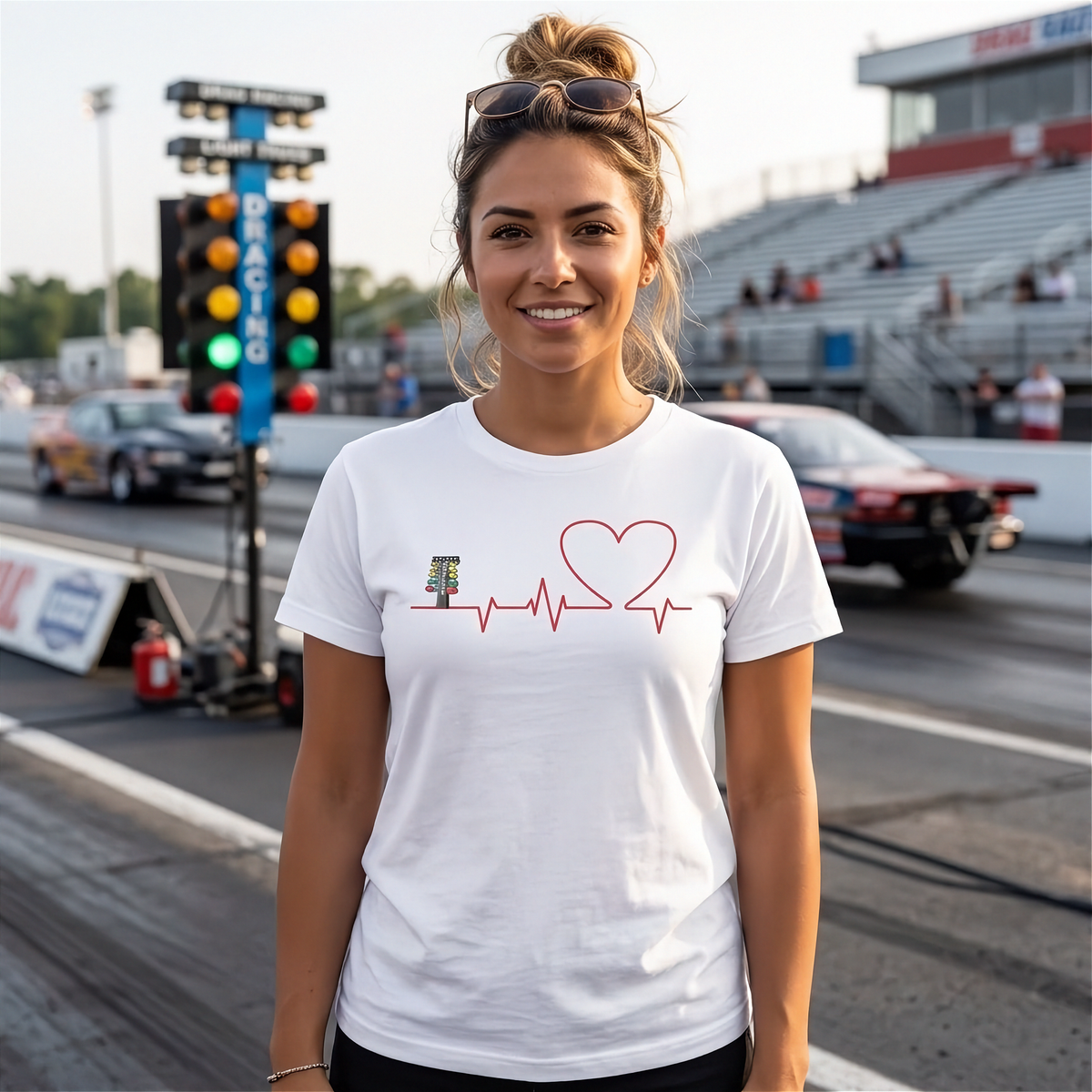 A woman stands on a drag racing track wearing a white t-shirt with a red graphic of a heart on an EKG line and a small car icon. The background shows race cars, a traffic light, and grandstands.