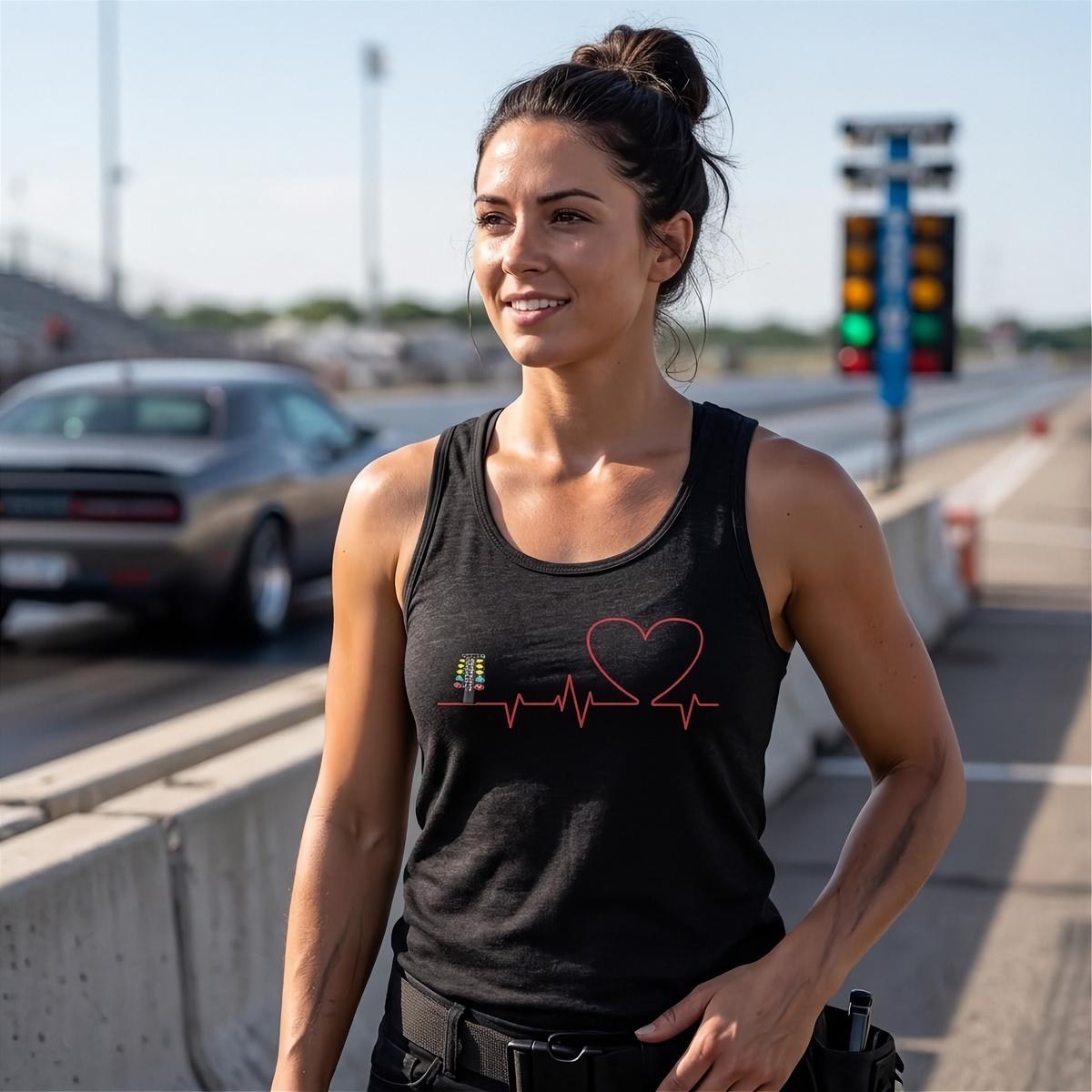 A woman wearing a black tank top with a red heart and EKG line graphic stands on a highway overpass. The tank top features a small yellow and green flag graphic on the left side of the chest.