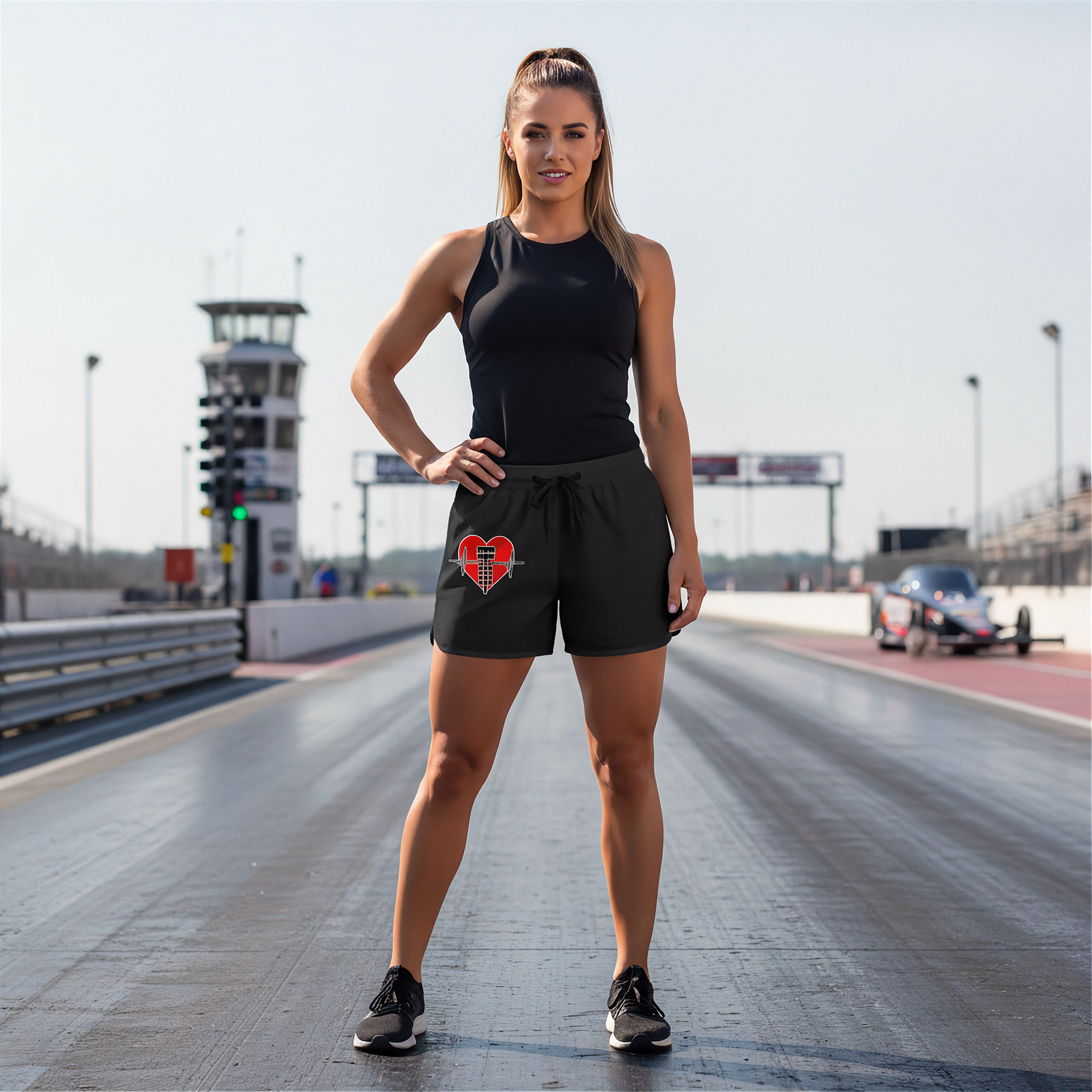 A woman stands on a racetrack wearing black athletic shorts with a red heart drag racing graphic on the left leg, paired with a black tank top and black sneakers.