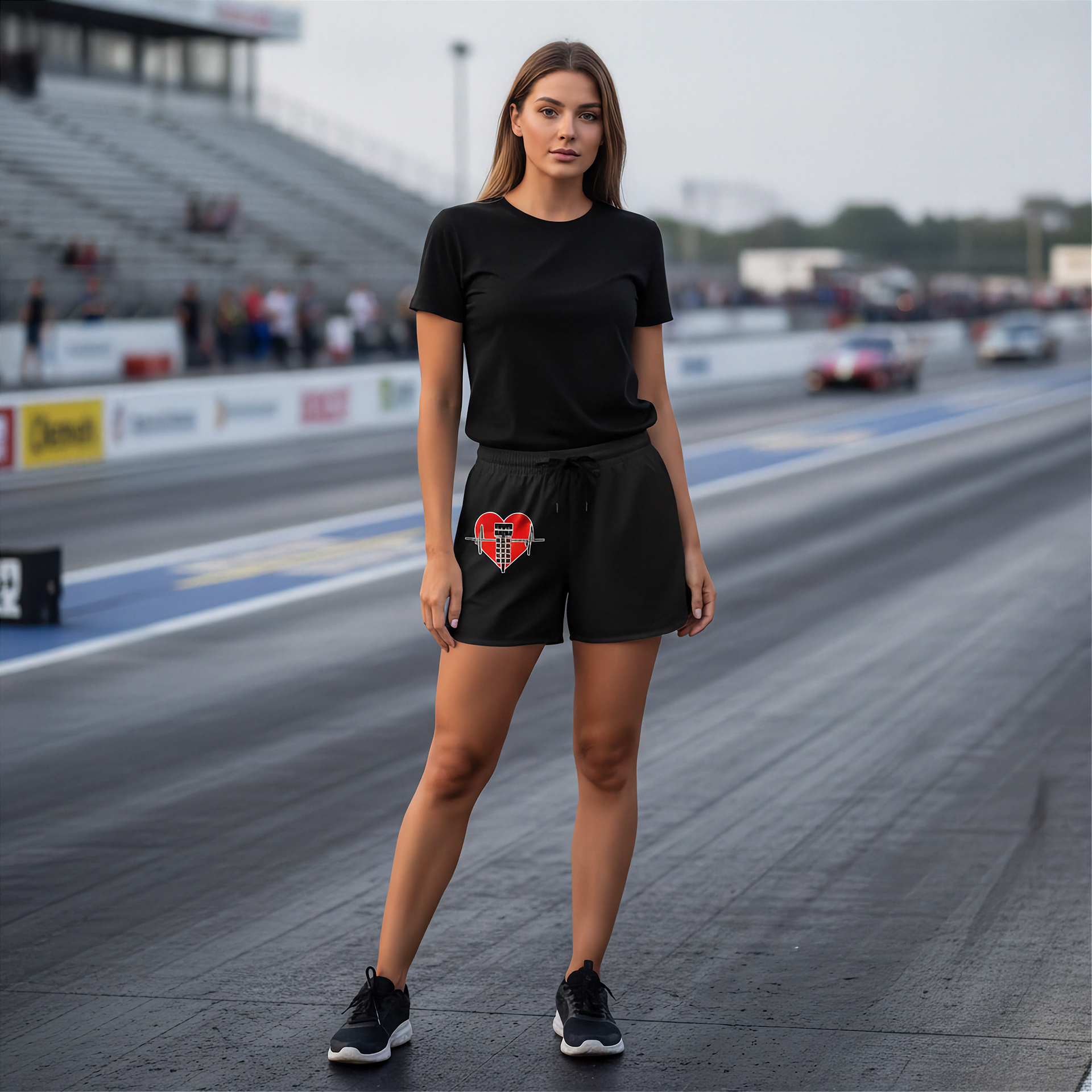 A woman stands on a racetrack wearing a black short-sleeve t-shirt and black shorts with a red and white heart graphic on the left leg. The background shows blurred racetrack grandstands, race cars, and the asphalt track.