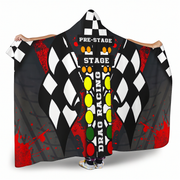 Hooded blanket with drag racing design featuring checkered flags and racing text.