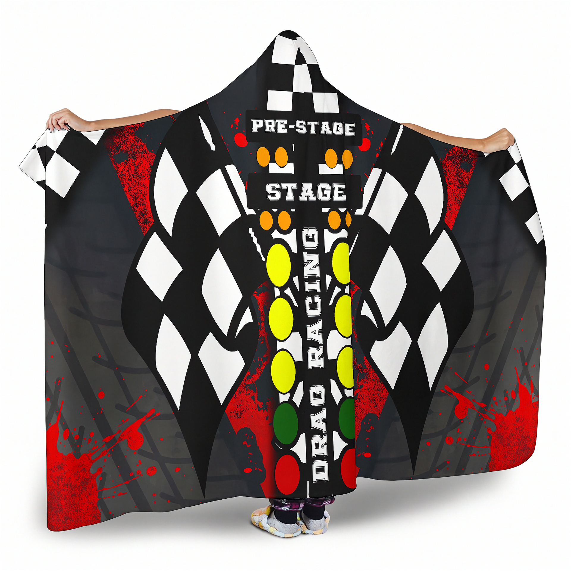 Hooded blanket with drag racing design featuring checkered flags and racing text.