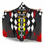Drag racing themed hooded blanket with checkered pattern and colorful design