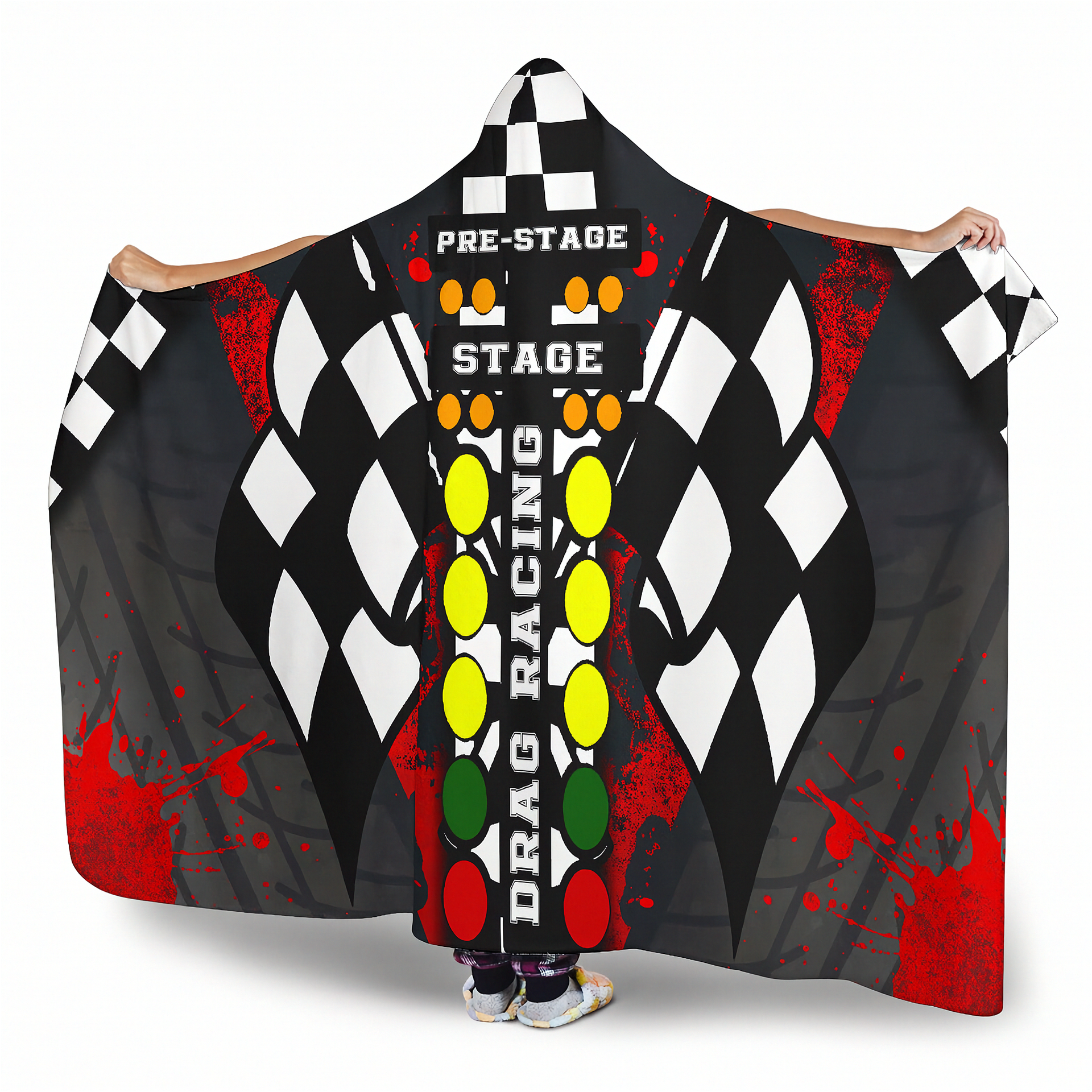 Drag racing themed hooded blanket with checkered pattern and colorful design