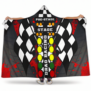 Hooded blanket with drag racing design featuring checkered flags and colorful text.