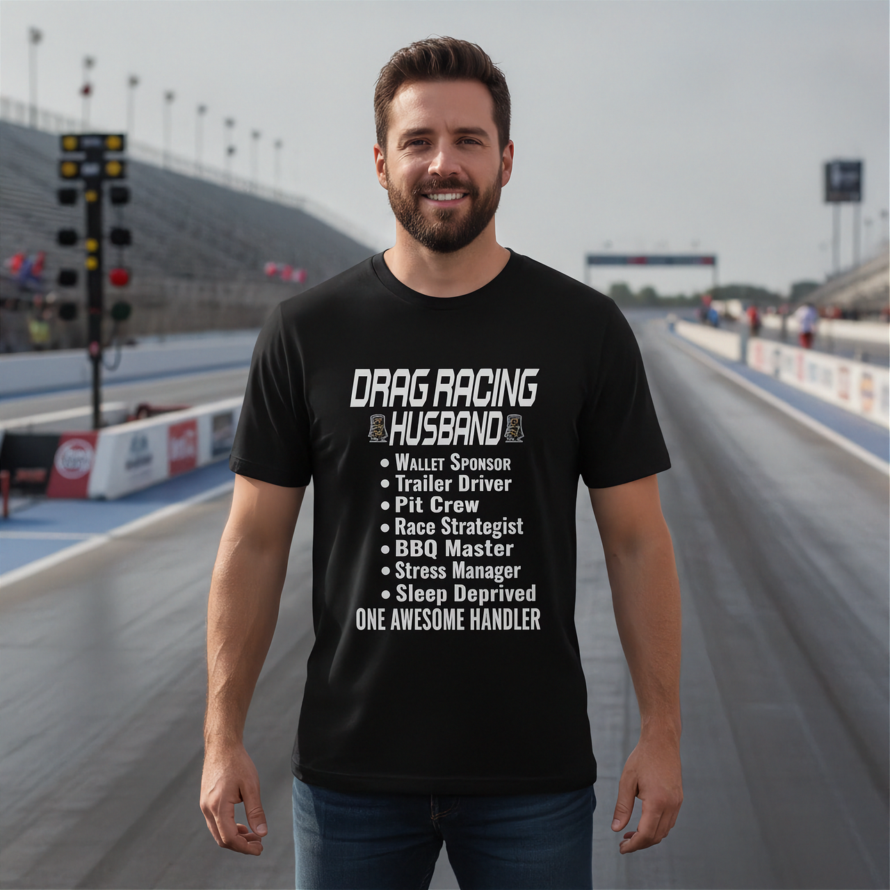 Man wearing a black t-shirt with drag racing text on a race track background
