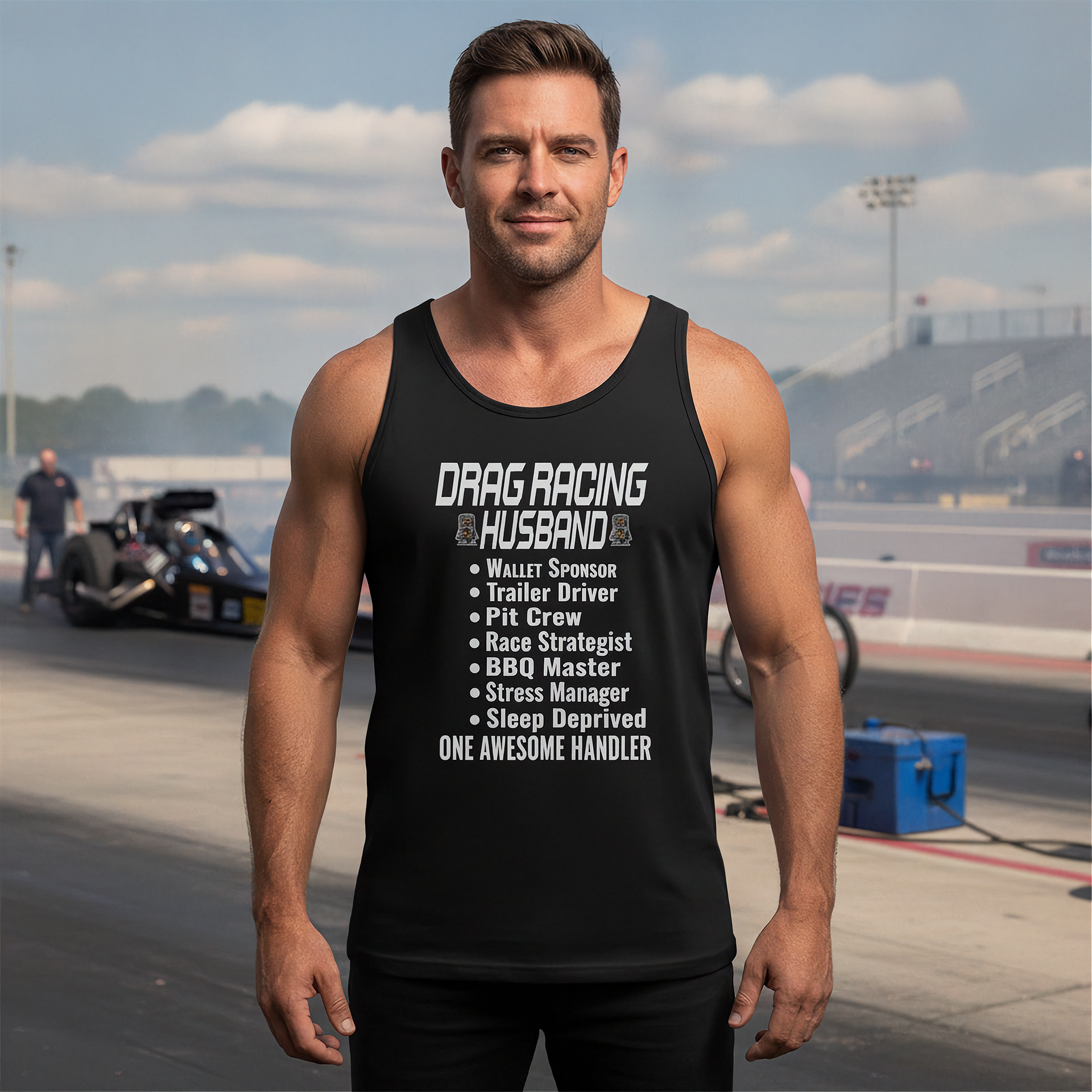 Man wearing a black tank top with text on a race track