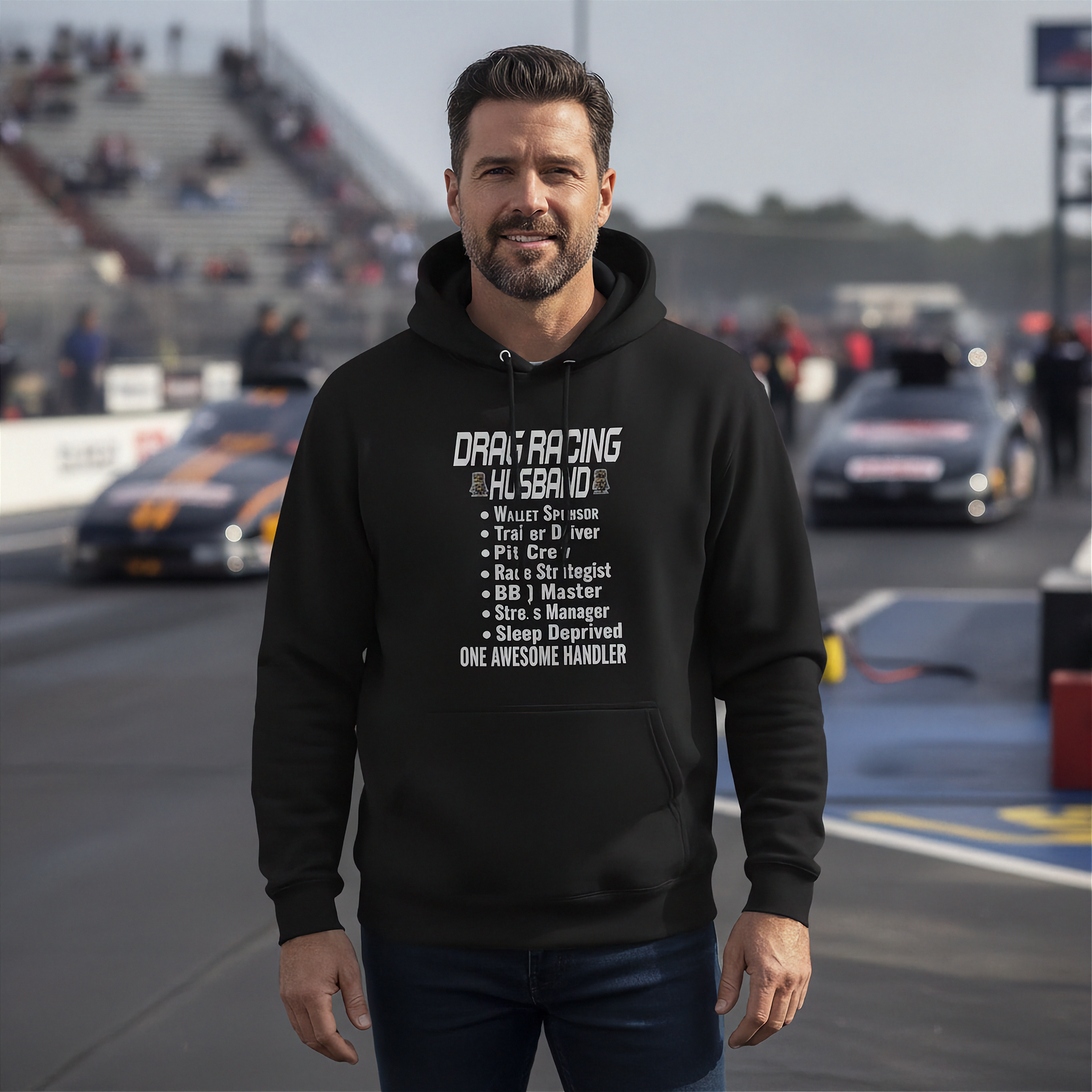 Man wearing a black hoodie with drag racing husband on a race track