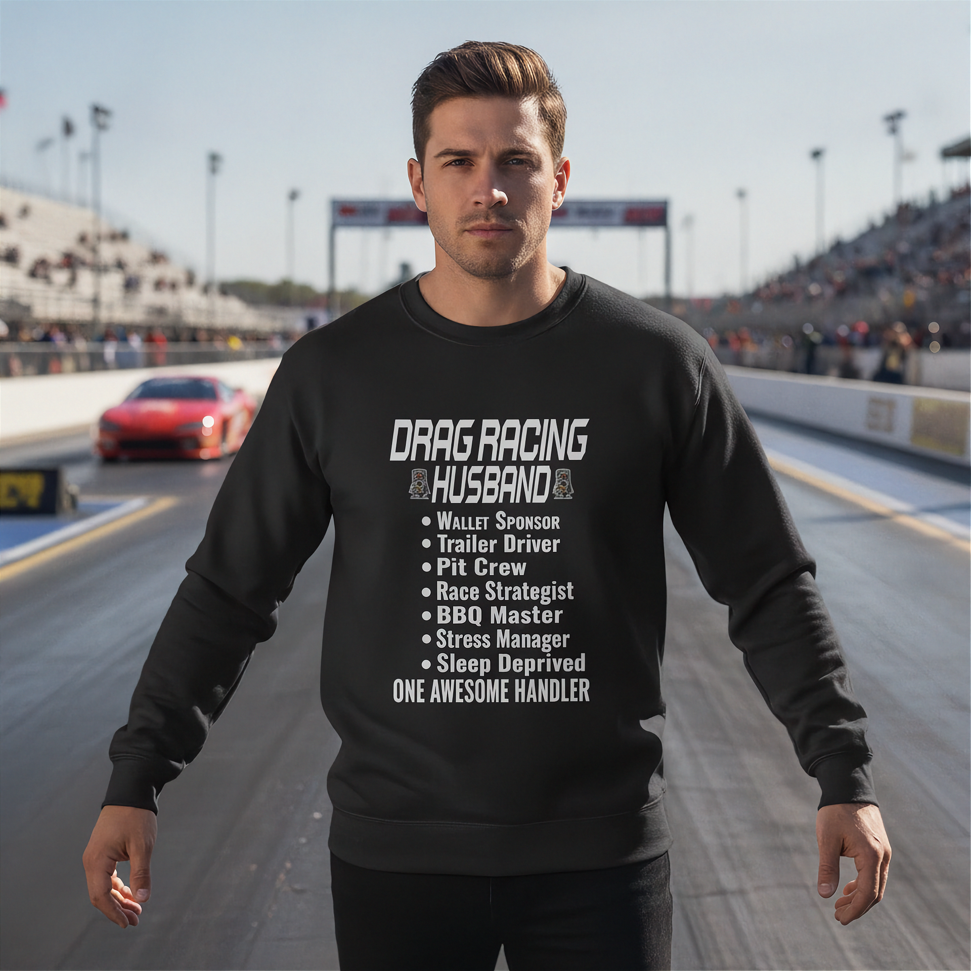 Man wearing a black sweatshirt with drag racing husband on a race track