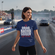 Woman wearing a blue shirt with Drag_Racing_Is_Cheaper_Than_Therapy tet