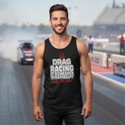 Man wearing a black tank top with Drag_Racing_Is_Cheaper_Than_Therapy text