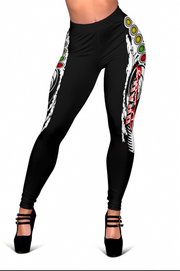 Black leggings with colorful designs on a white background