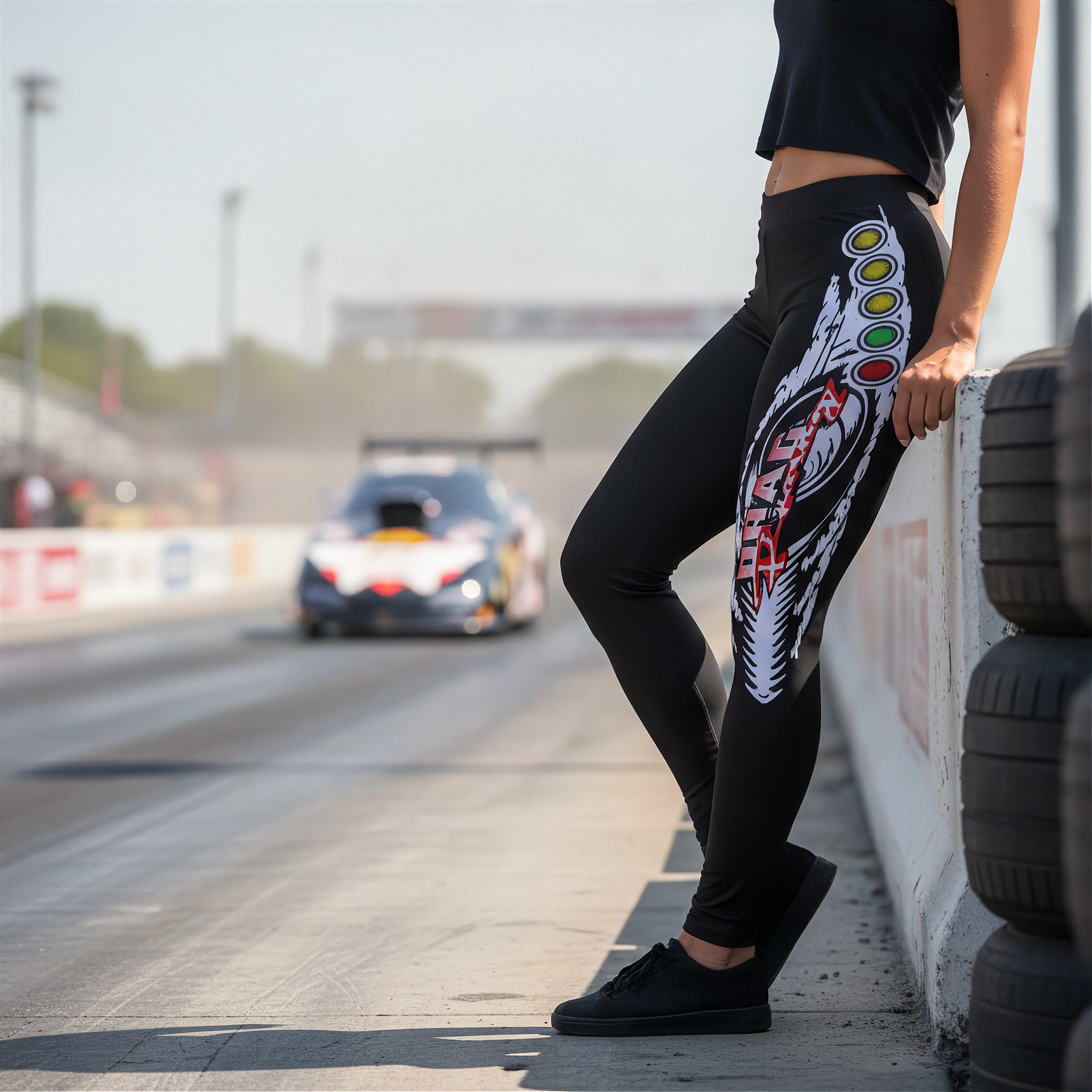 Woman wearing black leggings with colorful designs on a racetrack