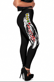 Black leggings with colorful graphic design on a white background