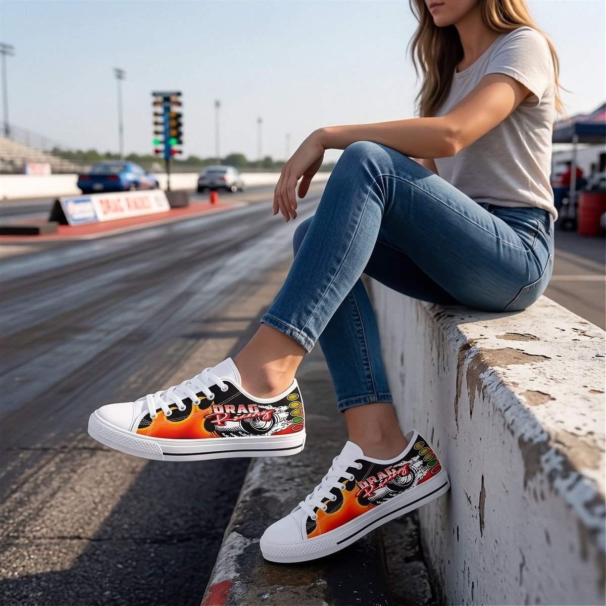 A woman sitting on a concrete barrier at a racetrack wearing white low-top sneakers with a vibrant red, orange, yellow, and green flame graphic and the name 'DRAG RACING' printed on the side.
