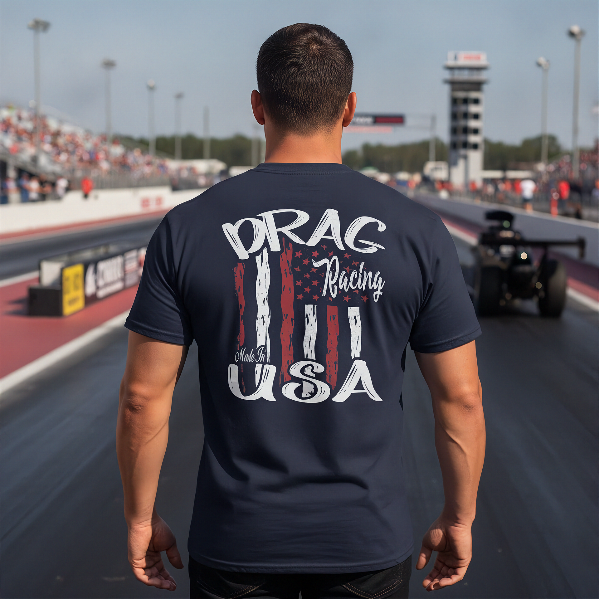 Man wearing a navy blue t-shirt with 'Drag Racing USA' design on a race track.
