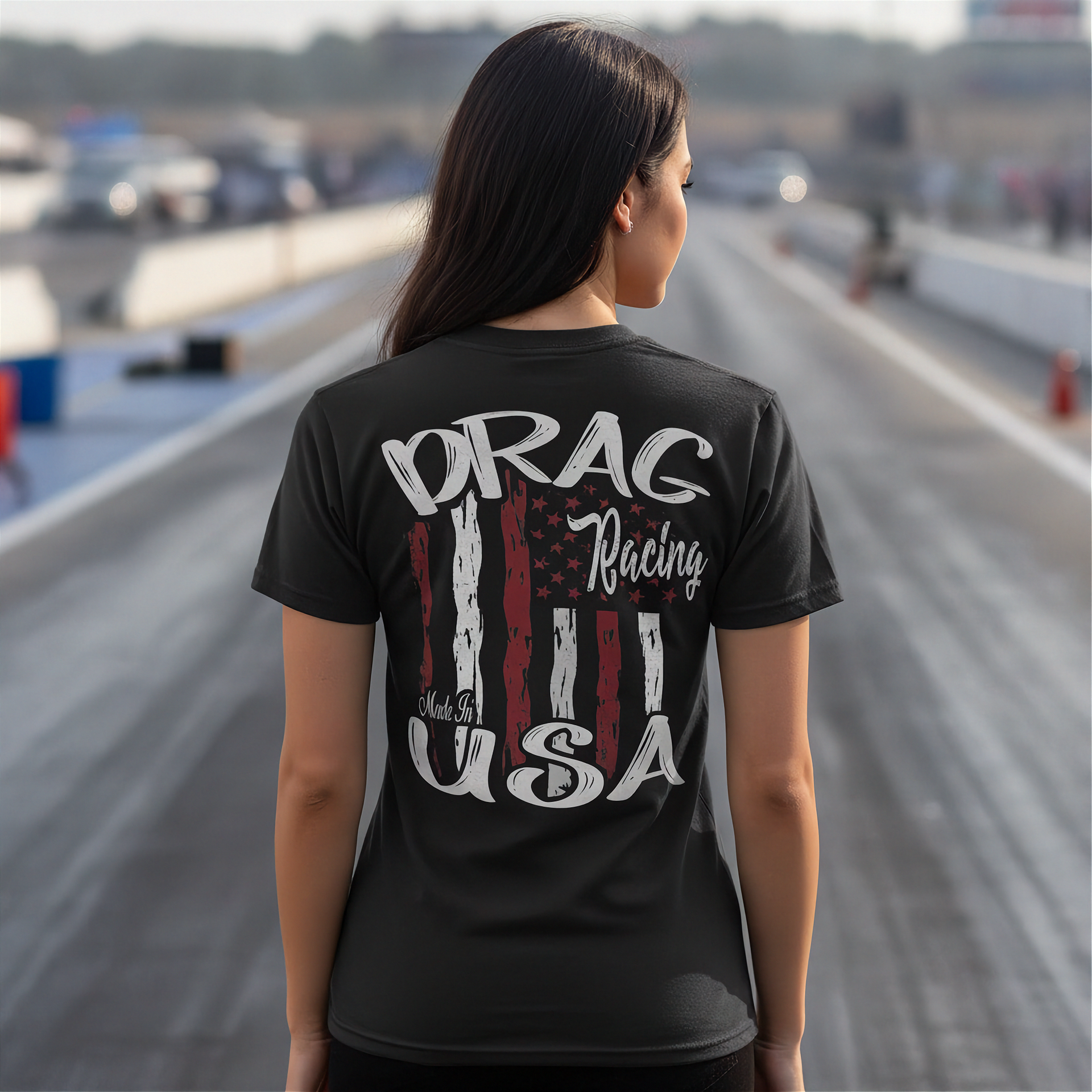 Person wearing a black t-shirt with 'Drag Racing Made in USA' design on a racetrack.