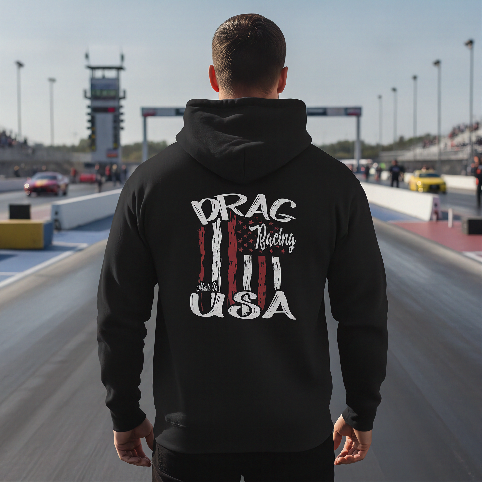 Person wearing a black hoodie with 'Drag Racing USA' design on a racetrack.