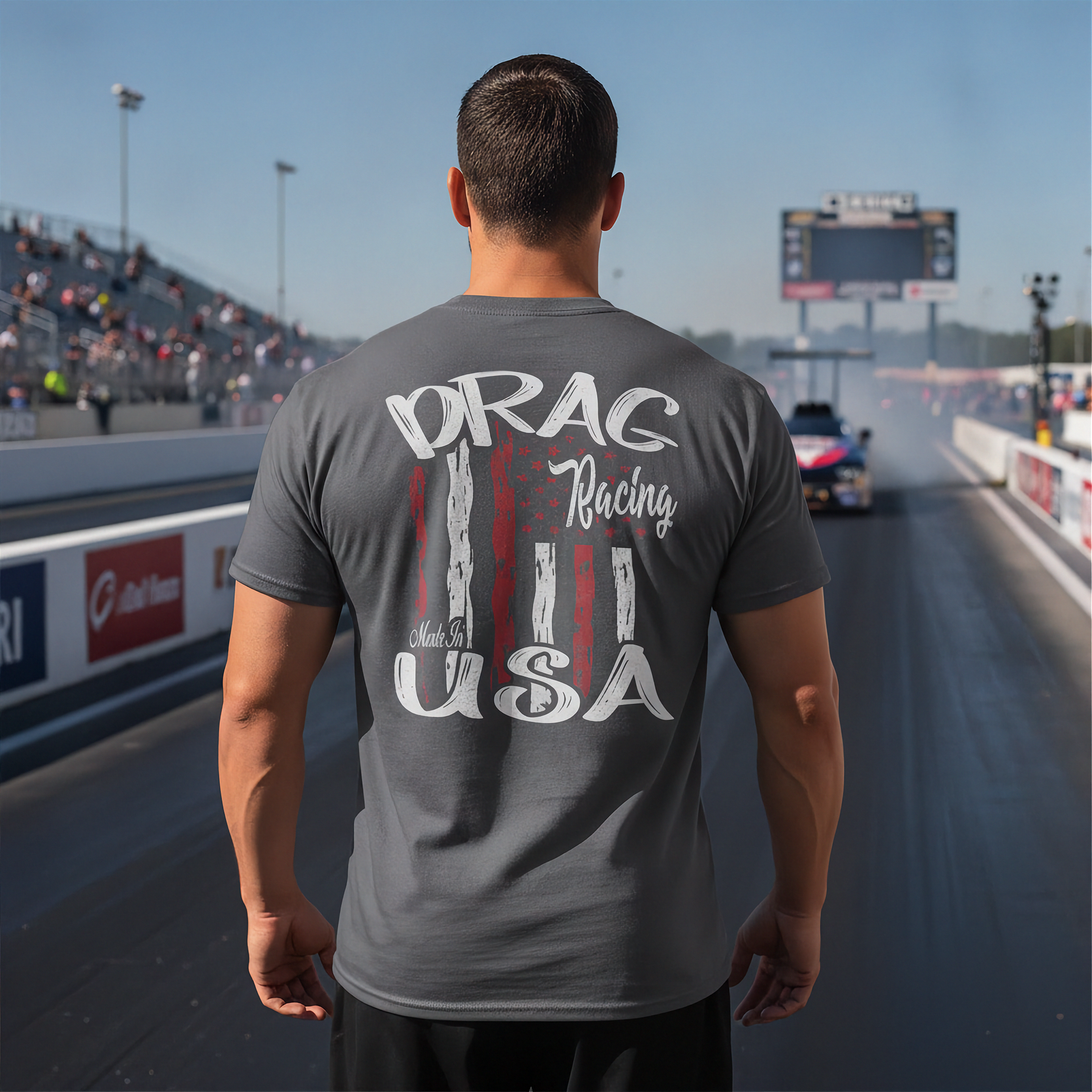 Man wearing a 'Drag Racing USA' t-shirt at a race track