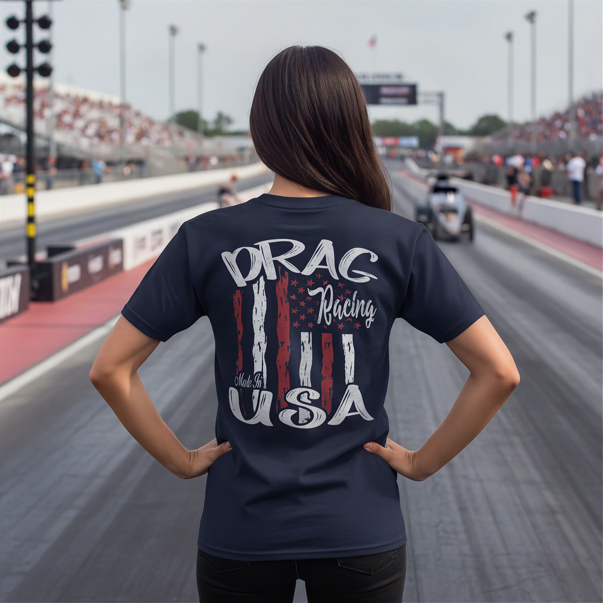 Woman wearing a 'Drag Racing USA' t-shirt on a race track