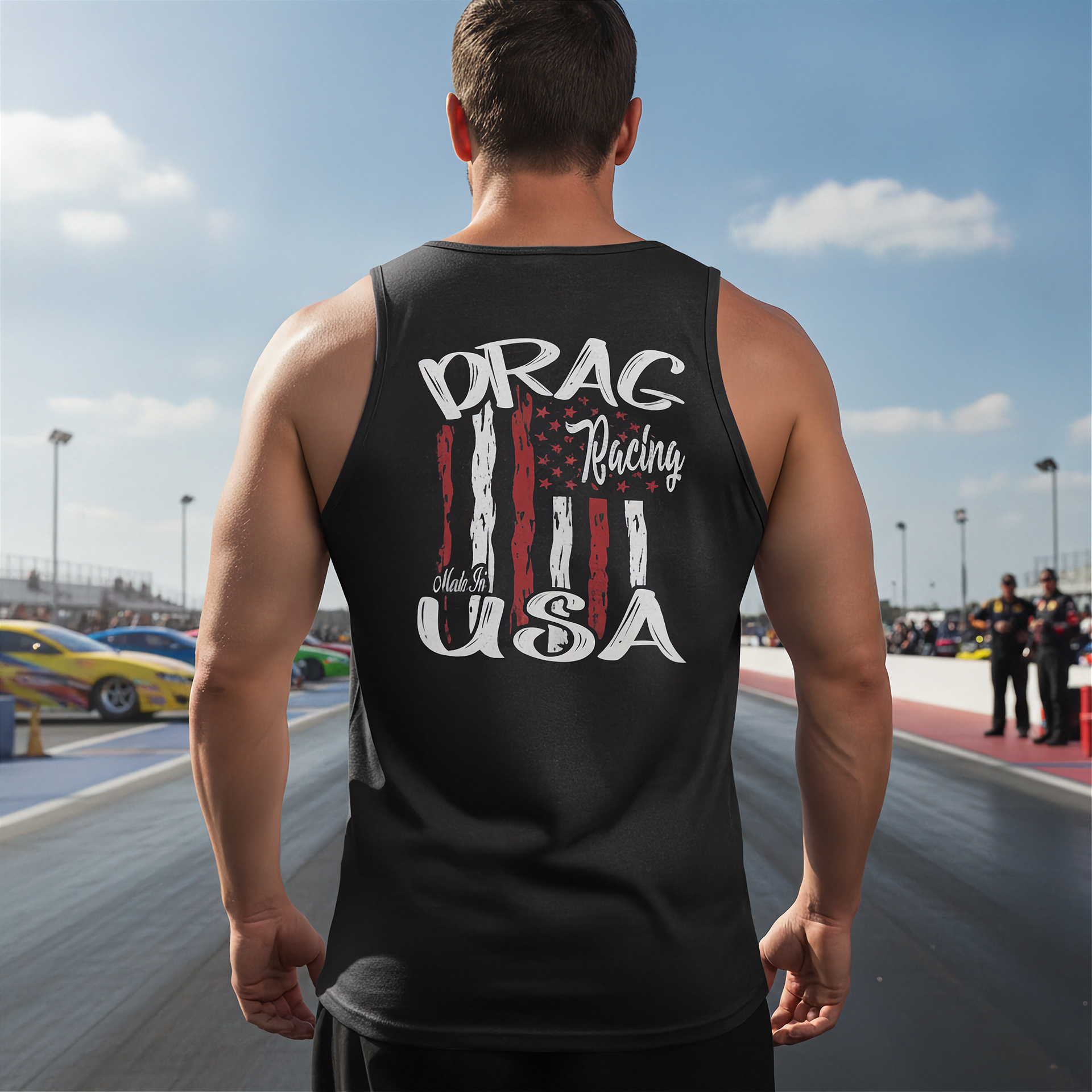 Man wearing a tank top with 'Drag Racing USA' text at a race track.