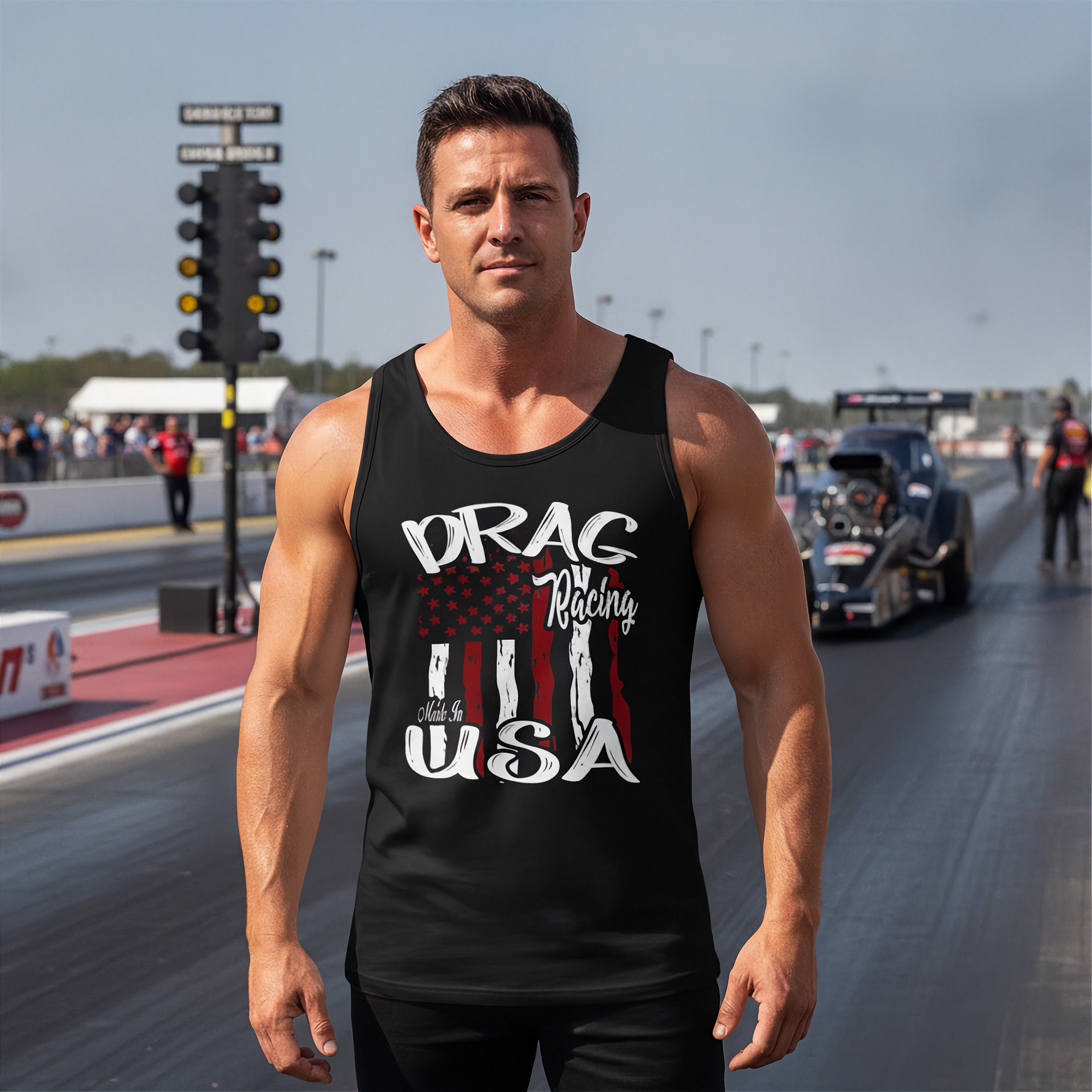 A muscular man stands on a drag racing track wearing a black tank top with a distressed American flag graphic and the words 'DRAG Racing USA'. A drag race car is visible in the background on the racetrack.