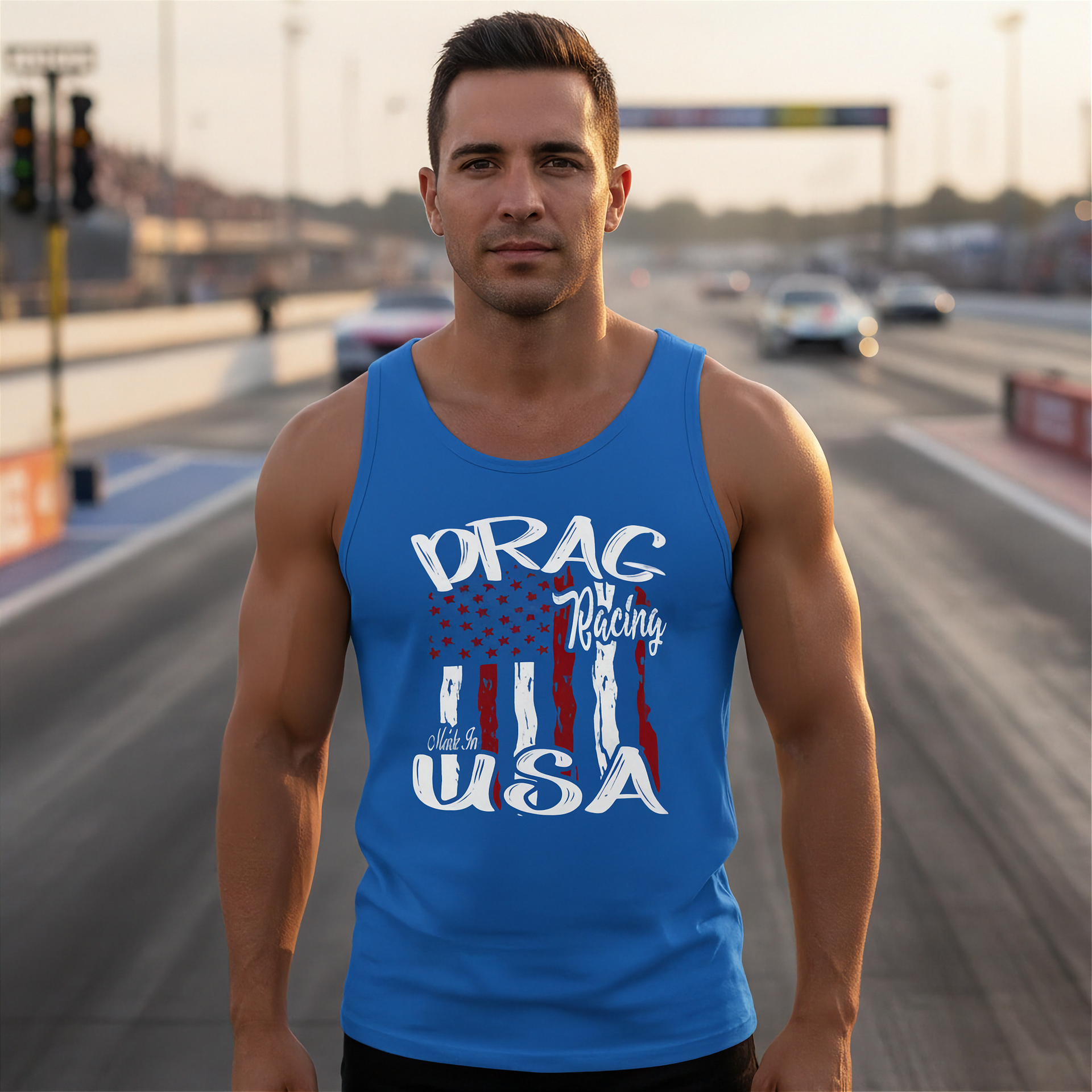 A muscular man stands on a racetrack wearing a bright blue tank top with a patriotic graphic that reads 'DRAG Racing USA' in white over a red, white, and blue American flag design.