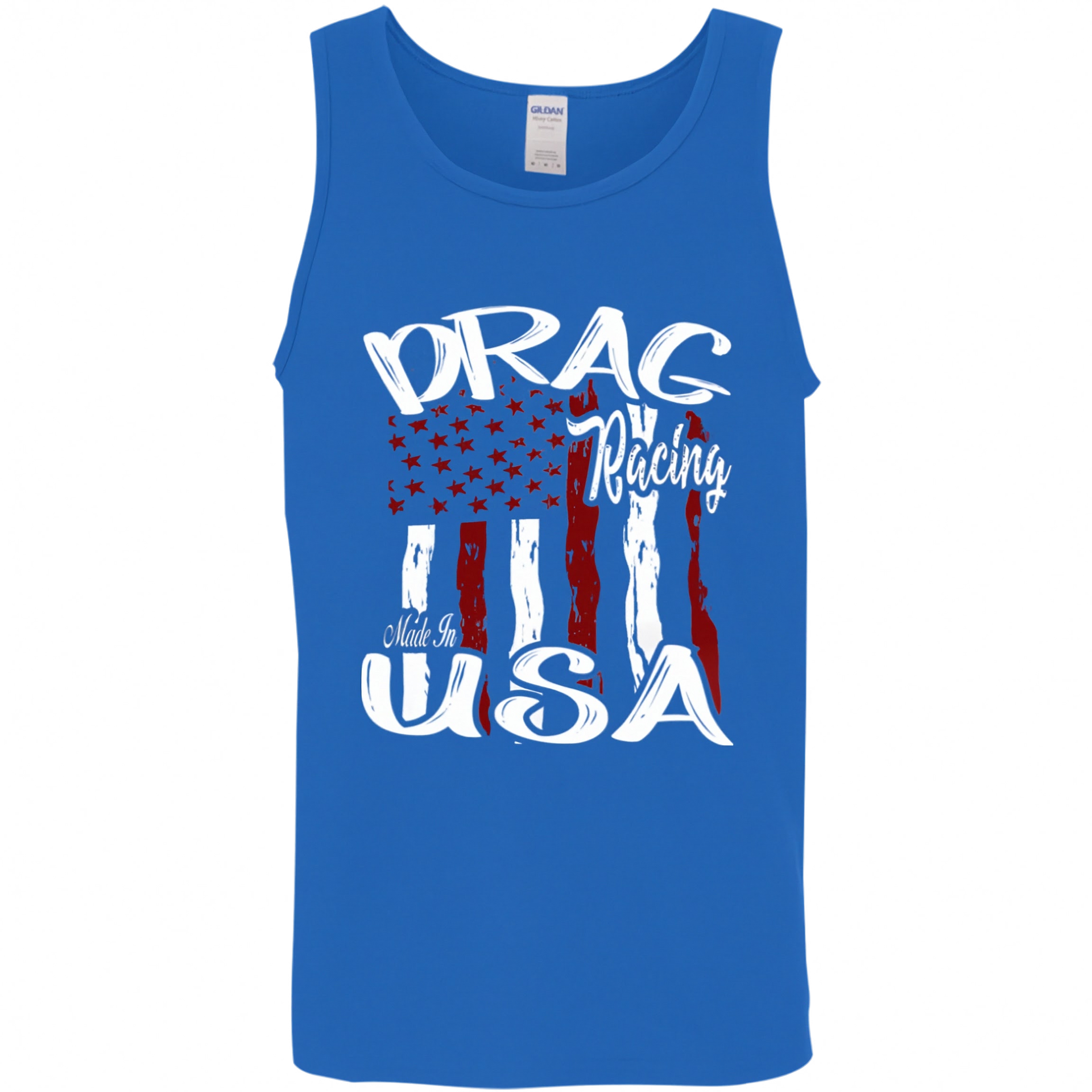 A blue sleeveless tank top with a distressed red, white, and blue American flag graphic and the words 'DRAG Racing' and 'Made in USA' printed on the front.