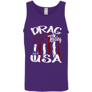 A purple sleeveless tank top with a distressed graphic on the front featuring the words 'DRAG Racing' and 'Made in USA' over a stylized American flag design in red, white, and blue.