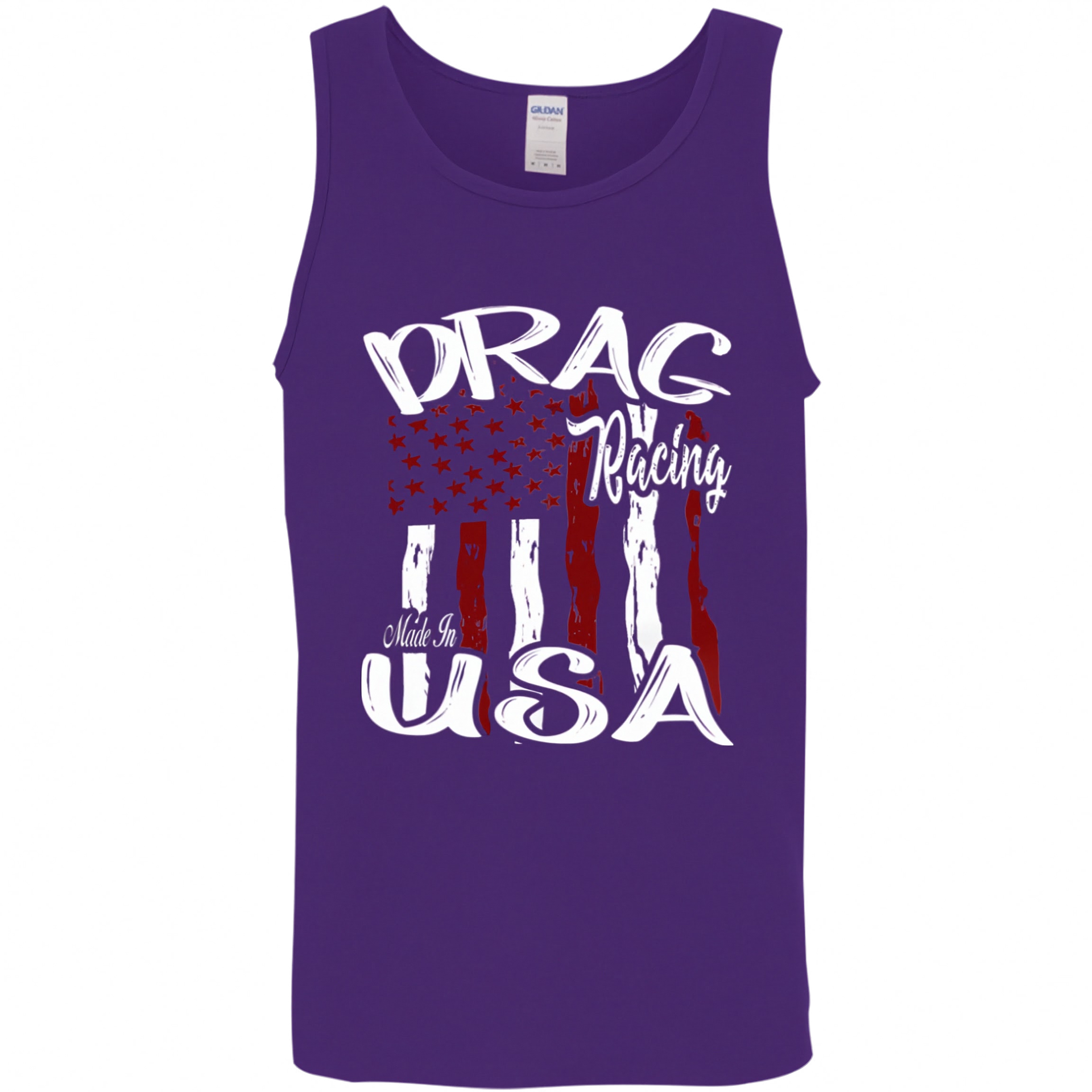 A purple sleeveless tank top with a distressed graphic on the front featuring the words 'DRAG Racing' and 'Made in USA' over a stylized American flag design in red, white, and blue.
