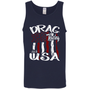 A navy blue tank top featuring a distressed red, white, and blue American flag graphic with the text 'DRAG Racing Made in USA' printed on the front.