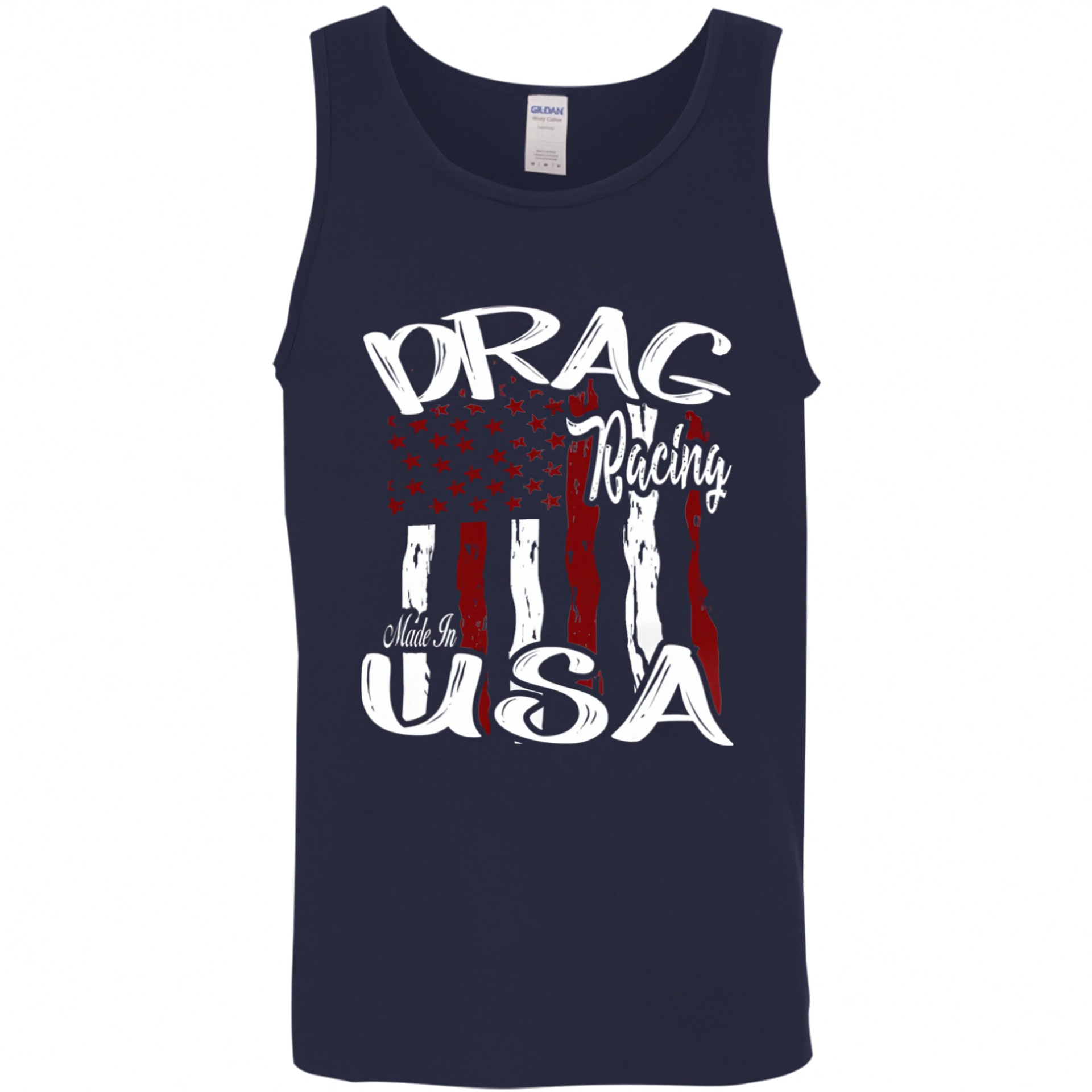 A navy blue tank top featuring a distressed red, white, and blue American flag graphic with the text 'DRAG Racing Made in USA' printed on the front.