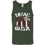 An olive green tank top featuring a distressed graphic on the front with the words 'DRAG Racing' and 'Made in USA' over a stylized American flag design.