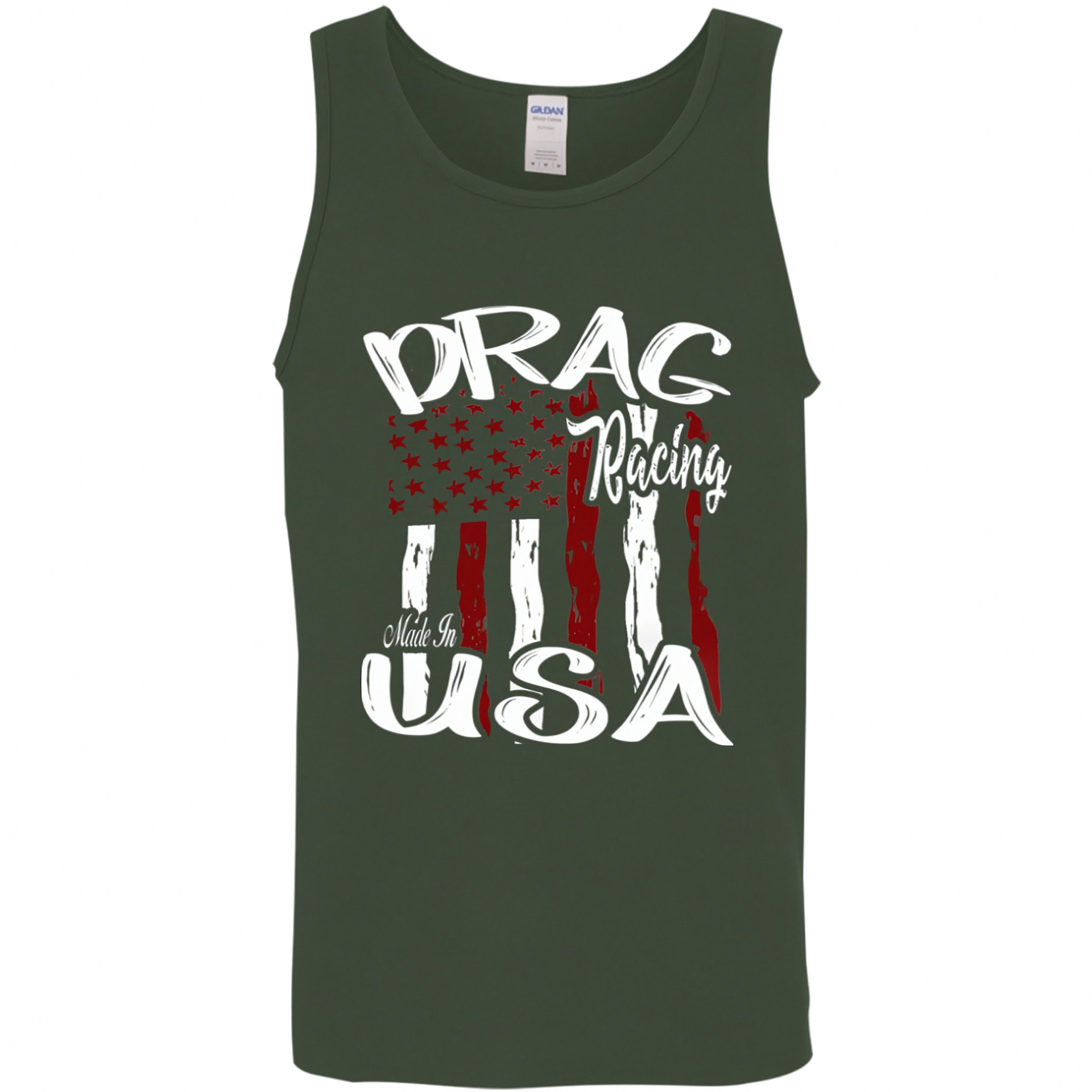 An olive green tank top featuring a distressed graphic on the front with the words 'DRAG Racing' and 'Made in USA' over a stylized American flag design.