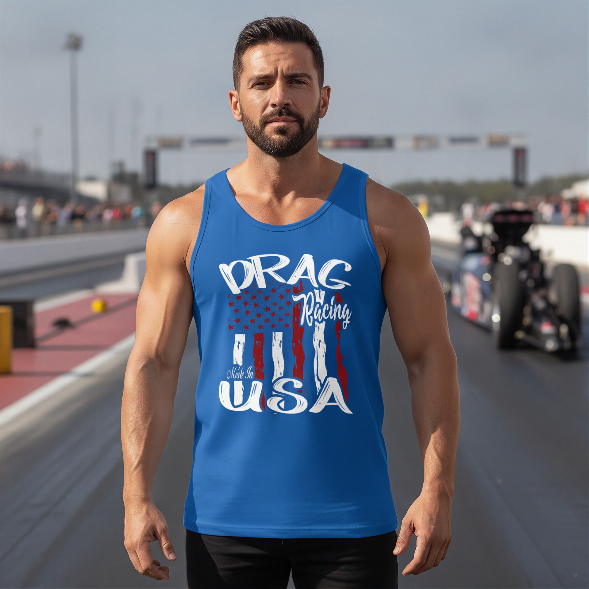 A muscular man stands on a drag racing track wearing a bright blue tank top with a patriotic graphic that reads 'DRAG Racing USA' in white and red over a stylized American flag.