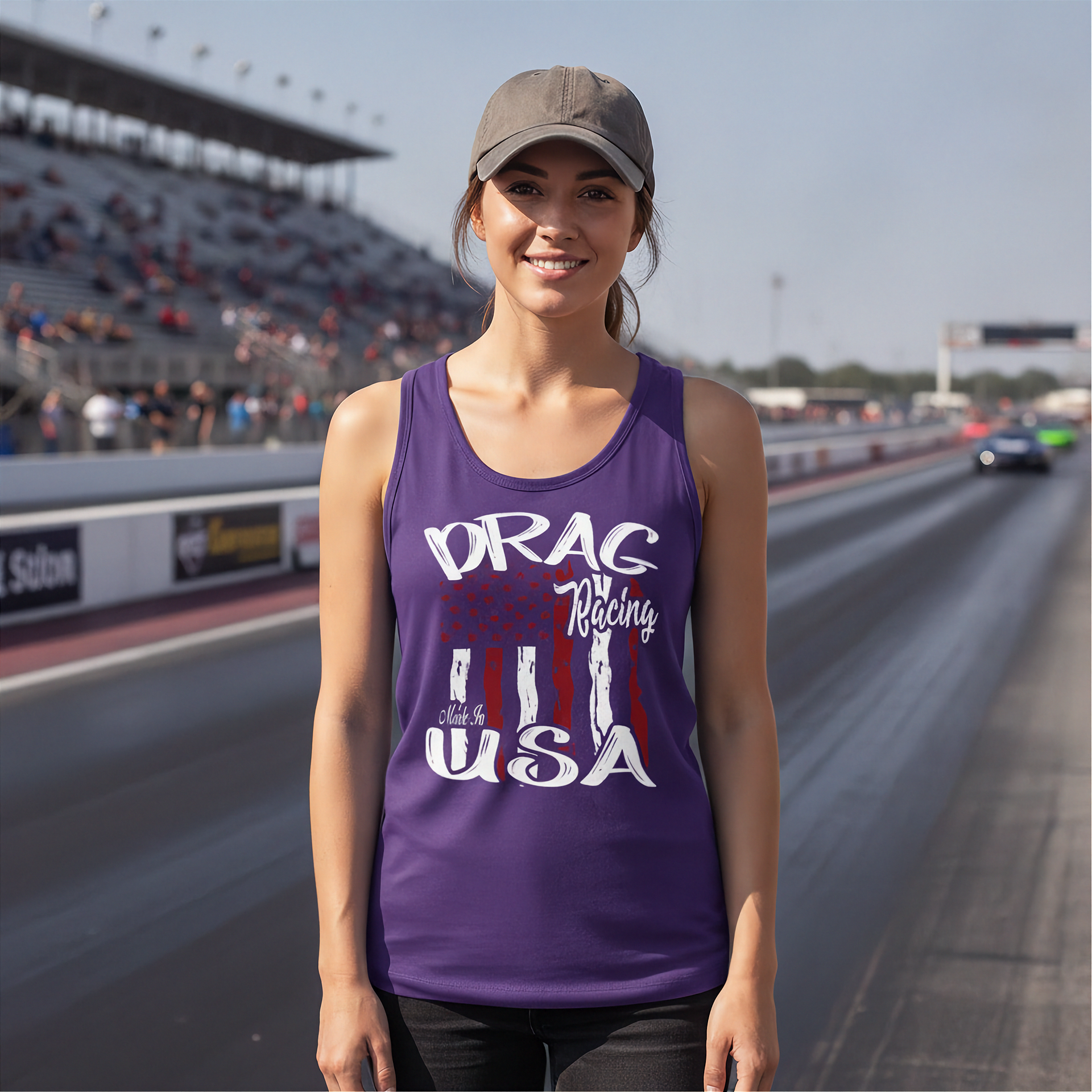 A woman stands on a drag racing track wearing a purple tank top with a 'DRAG Racing USA' graphic and a gray baseball cap, with the racetrack and grandstands in the background.