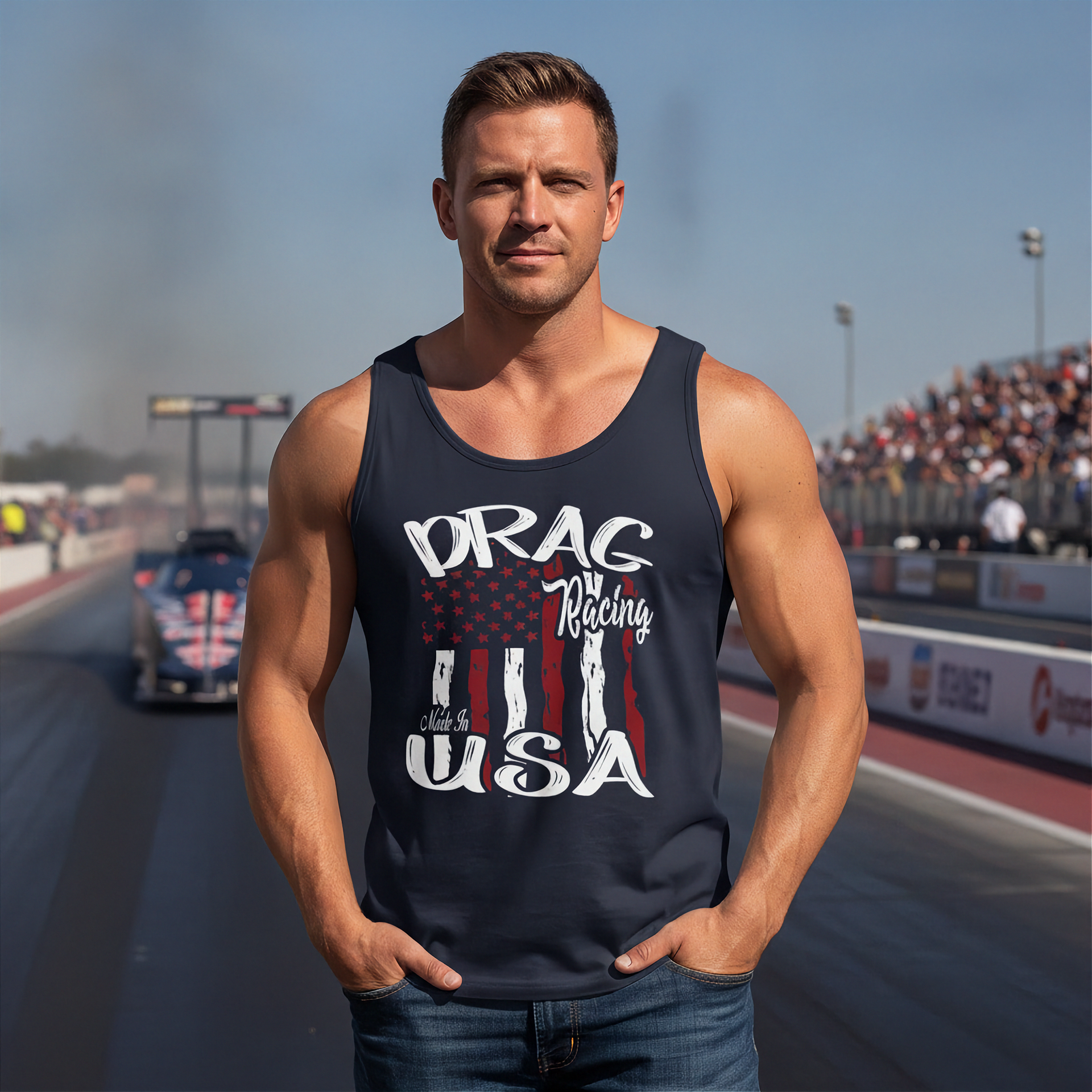 A muscular man wearing a navy blue tank top with a 'Drag Racing USA' graphic stands on a drag strip track with a race car and crowd in the background.