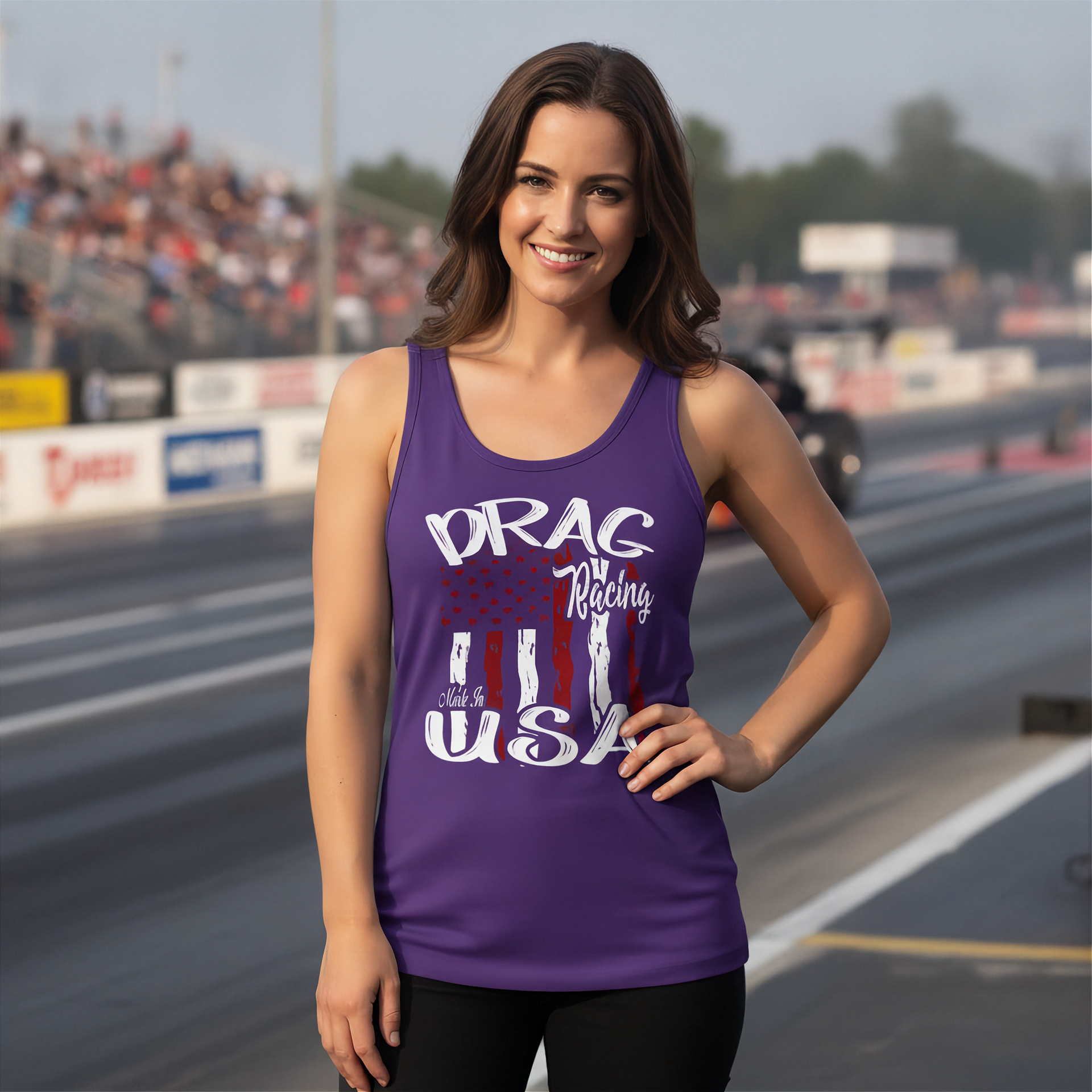 A woman stands on a racetrack wearing a purple racerback tank top with a patriotic graphic that reads 'DRAG Racing USA' in white, red, and blue. The background shows a blurred racetrack and grandstands.