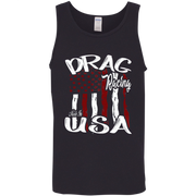 A black sleeveless tank top featuring a distressed graphic print on the front with the words 'DRAG Racing' and 'Made in USA' over a stylized American flag design.