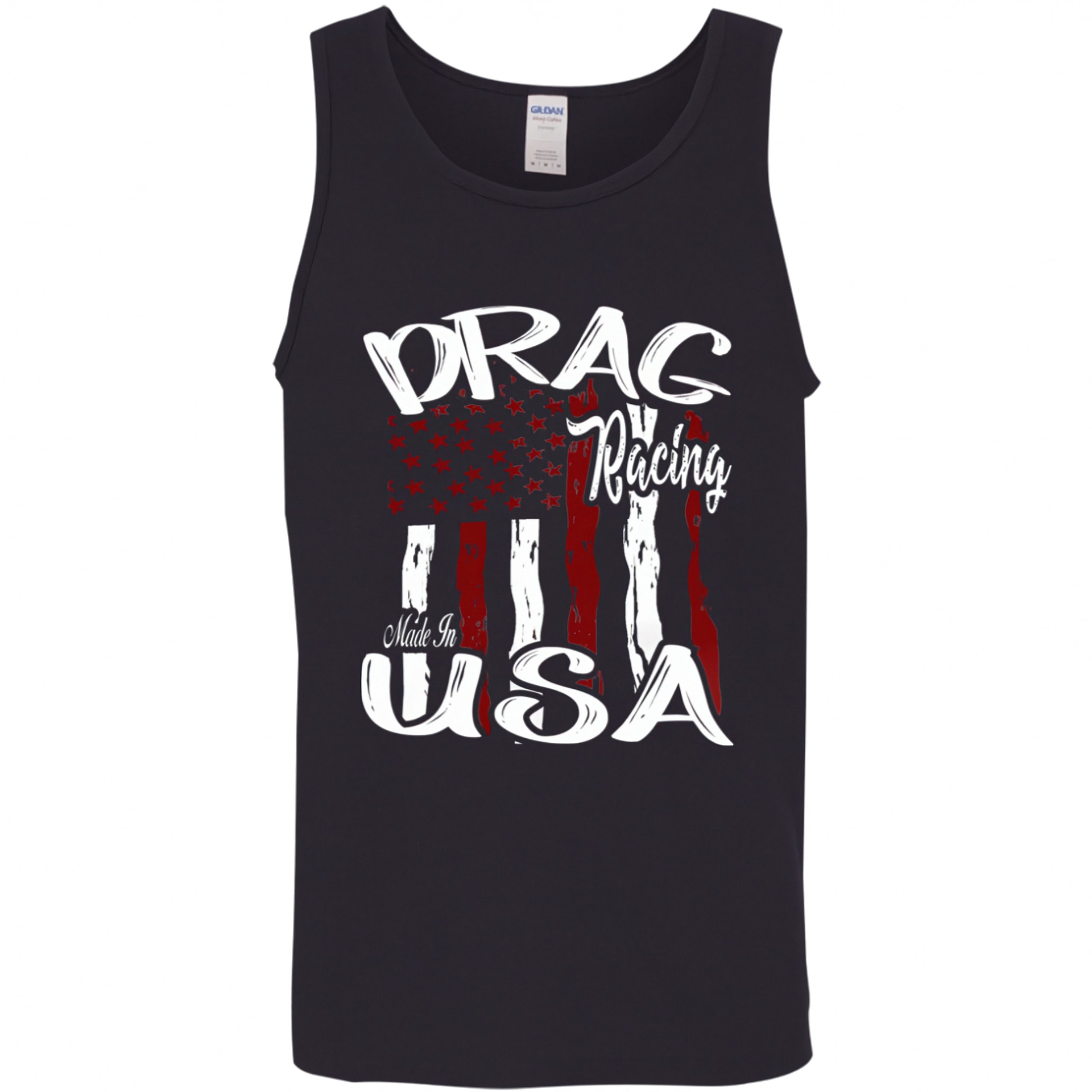 A black sleeveless tank top featuring a distressed graphic print on the front with the words 'DRAG Racing' and 'Made in USA' over a stylized American flag design.