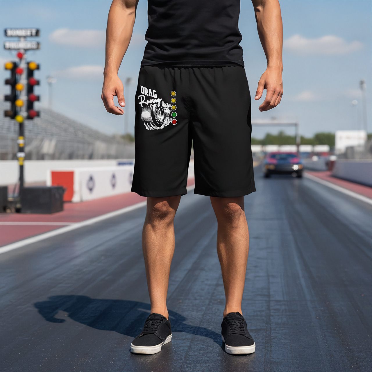 A person standing on a racetrack wearing black athletic shorts with a white and yellow drag racing graphic on the left leg, along with a black shirt and black sneakers.