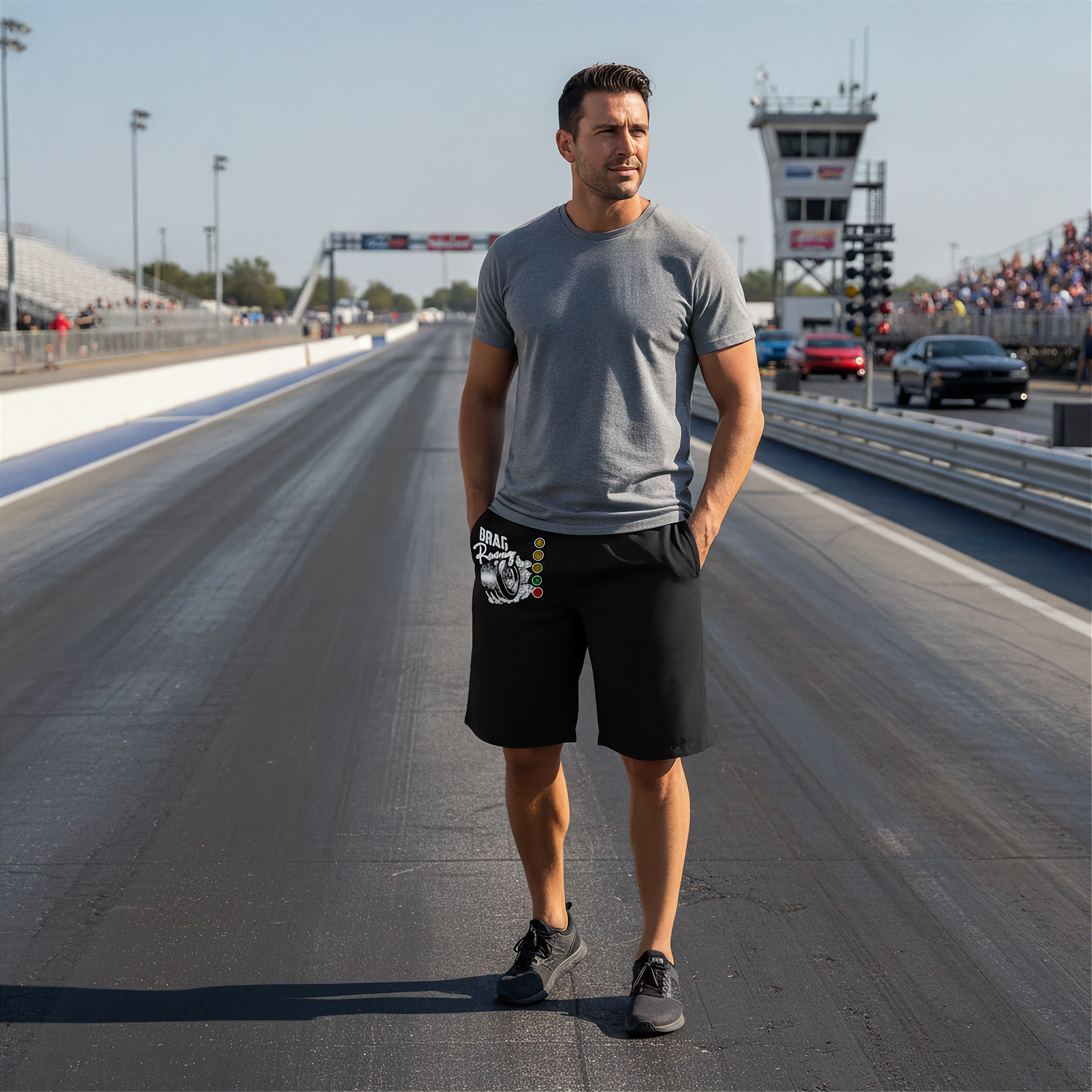 A man stands on a drag racing track wearing a gray crewneck t-shirt and black athletic shorts with a white graphic print on the left leg. The background shows the racetrack, starting line, and a control tower under a clear sky.