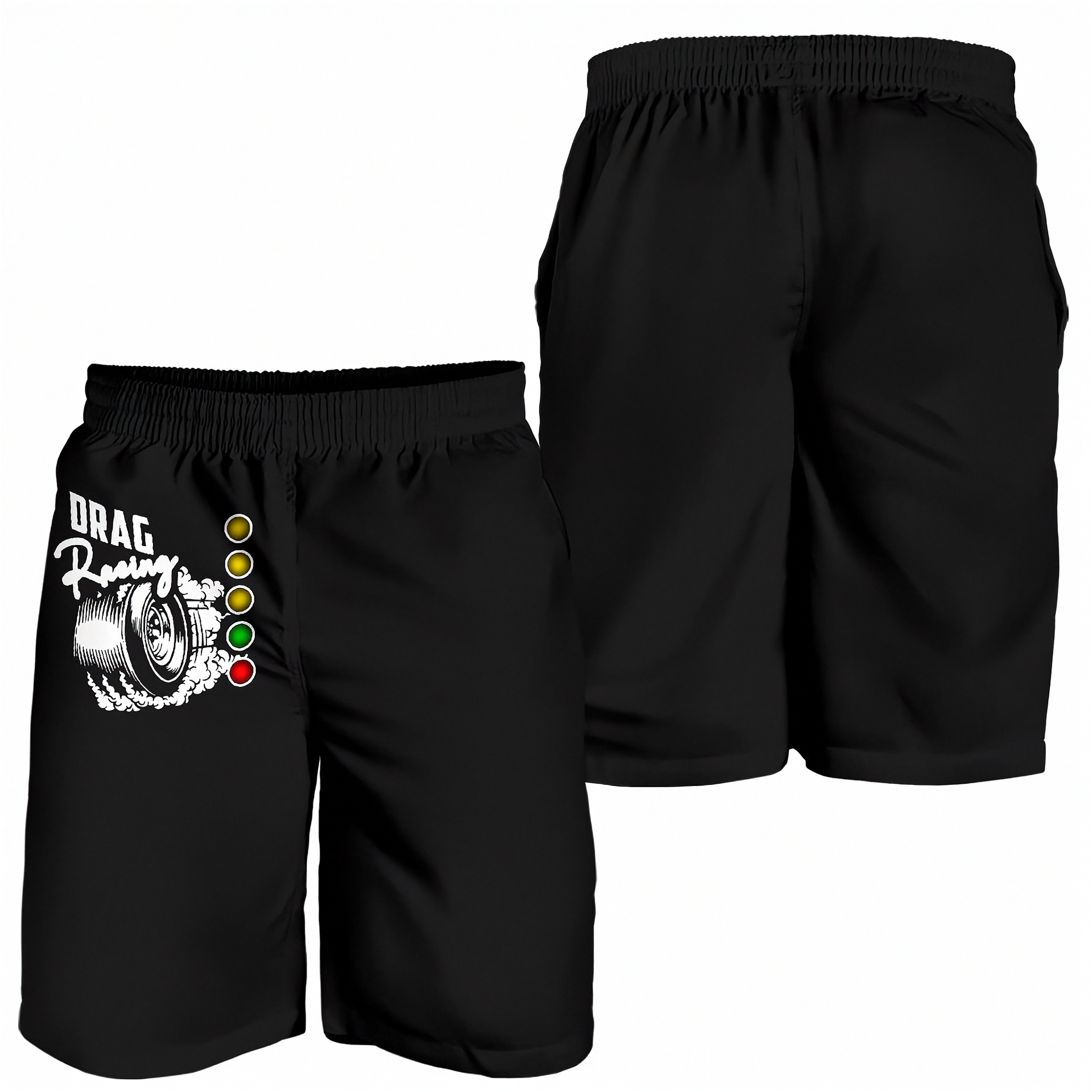 Black athletic shorts shown from the front and back on a white background. The front features a white graphic of a racing wheel and the text 'DRAG Racing' alongside a vertical sequence of colored circles.