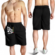 Black athletic shorts shown on a male model from the front and back. The front view includes a graphic print on the left thigh with the text 'DRAG Racing' and small colored dots.
