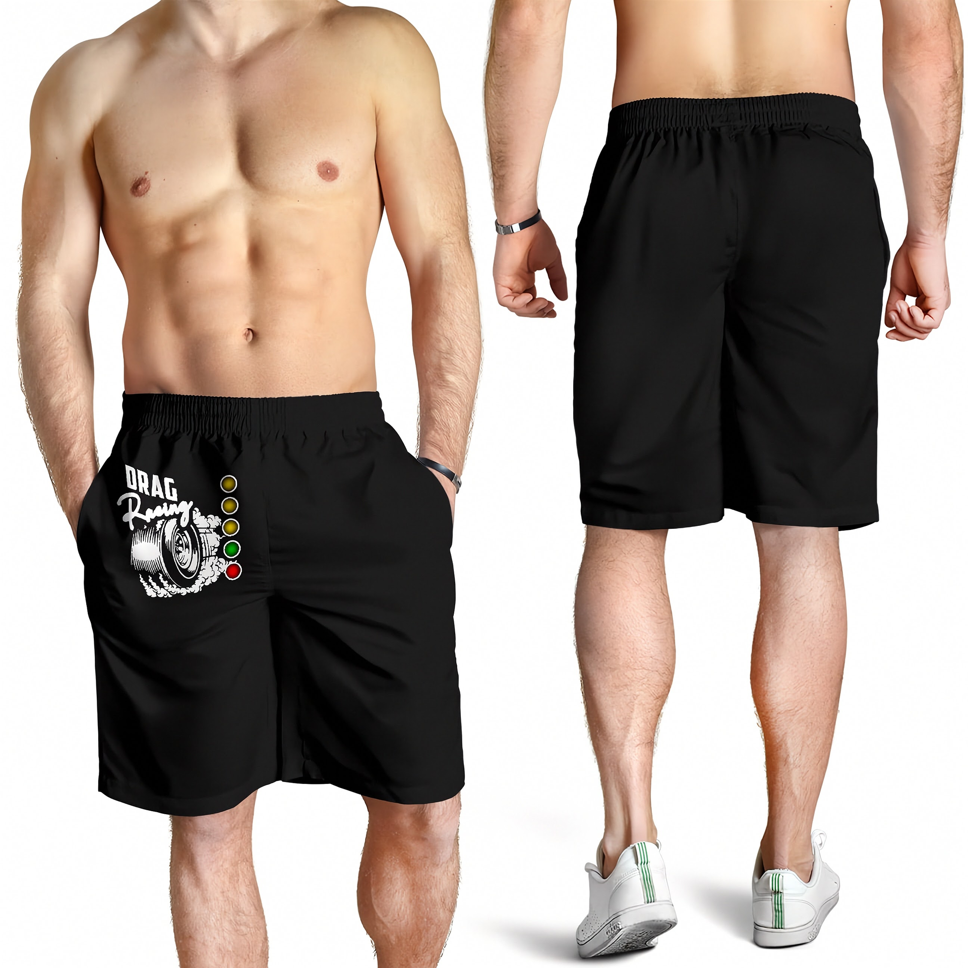 Black athletic shorts shown on a male model from the front and back. The front view includes a graphic print on the left thigh with the text 'DRAG Racing' and small colored dots.