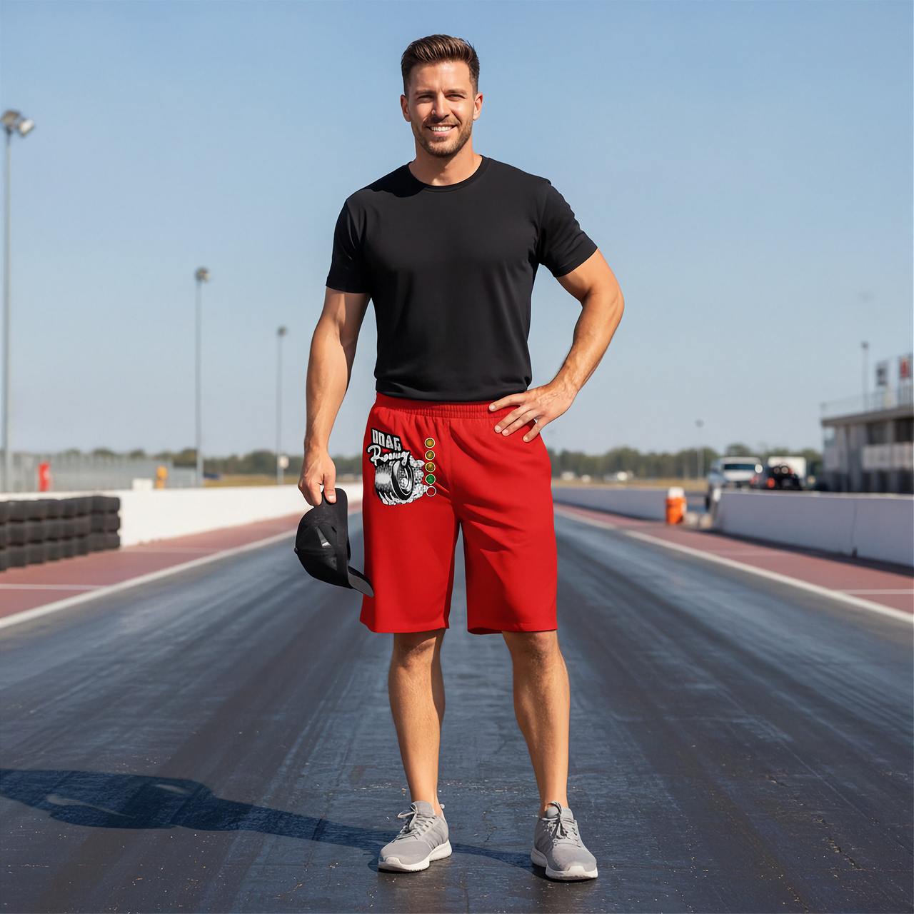 A man stands on a racetrack wearing a black t-shirt and bright red athletic shorts with a drag racing graphic print on the left leg, holding a black baseball cap in one hand.