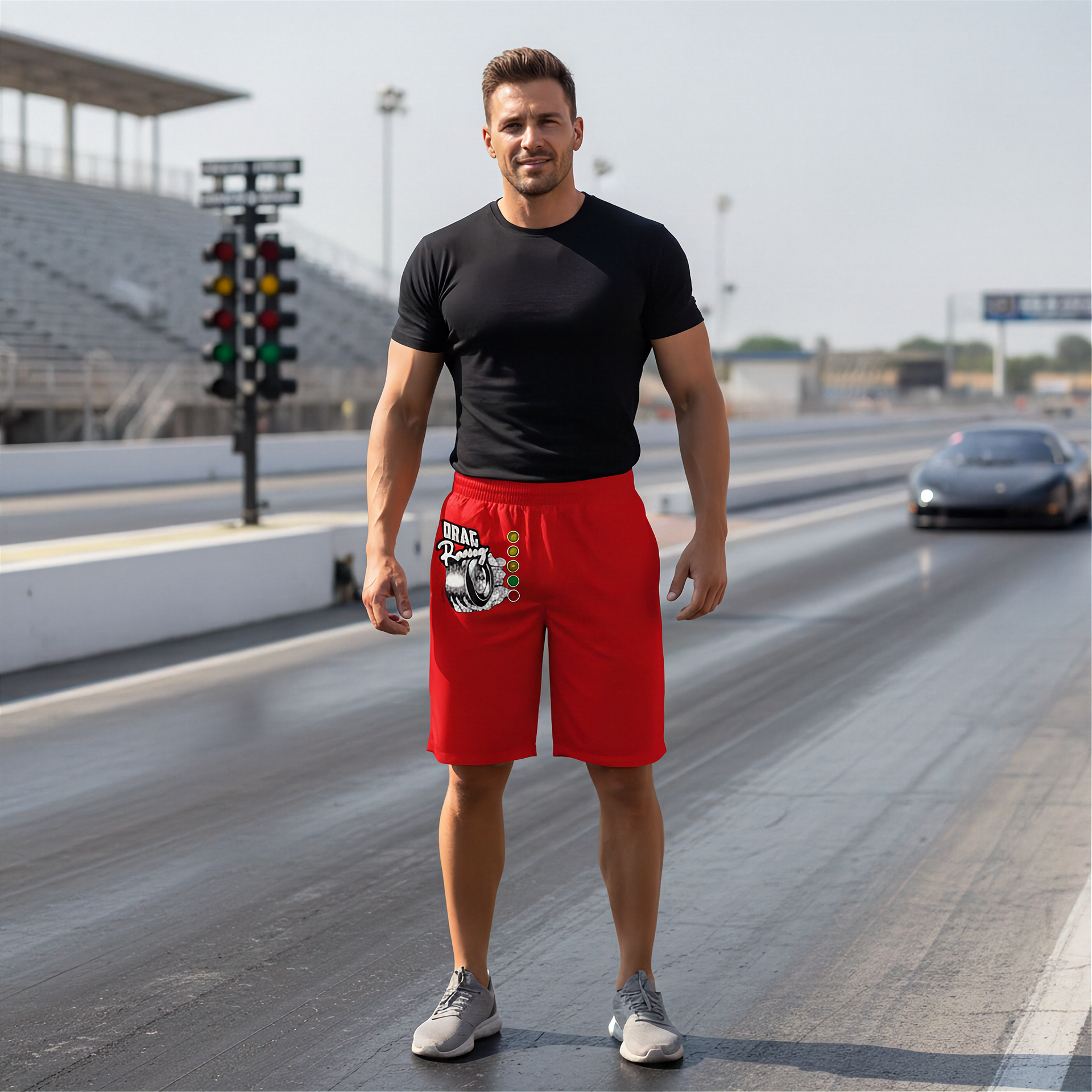 A man stands on a racetrack wearing a black short-sleeve athletic t-shirt and bright red athletic shorts with a drag racing graphic print on the left leg, paired with gray sneakers.