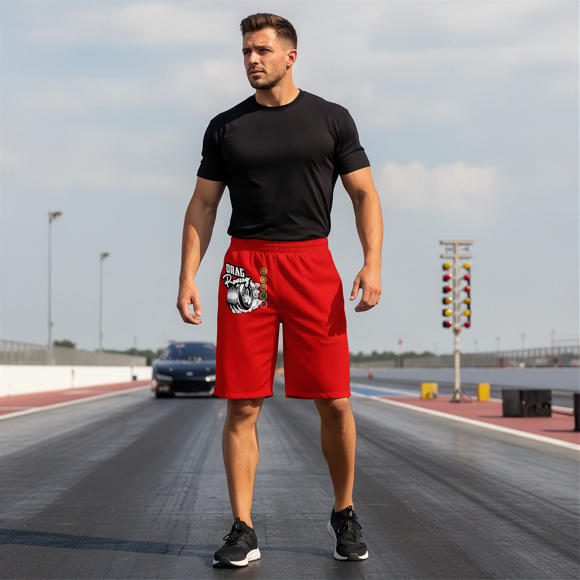 A man stands on a racetrack wearing a black t-shirt and bright red athletic shorts with a white and black drag racing graphic print on the left leg, paired with black sneakers.