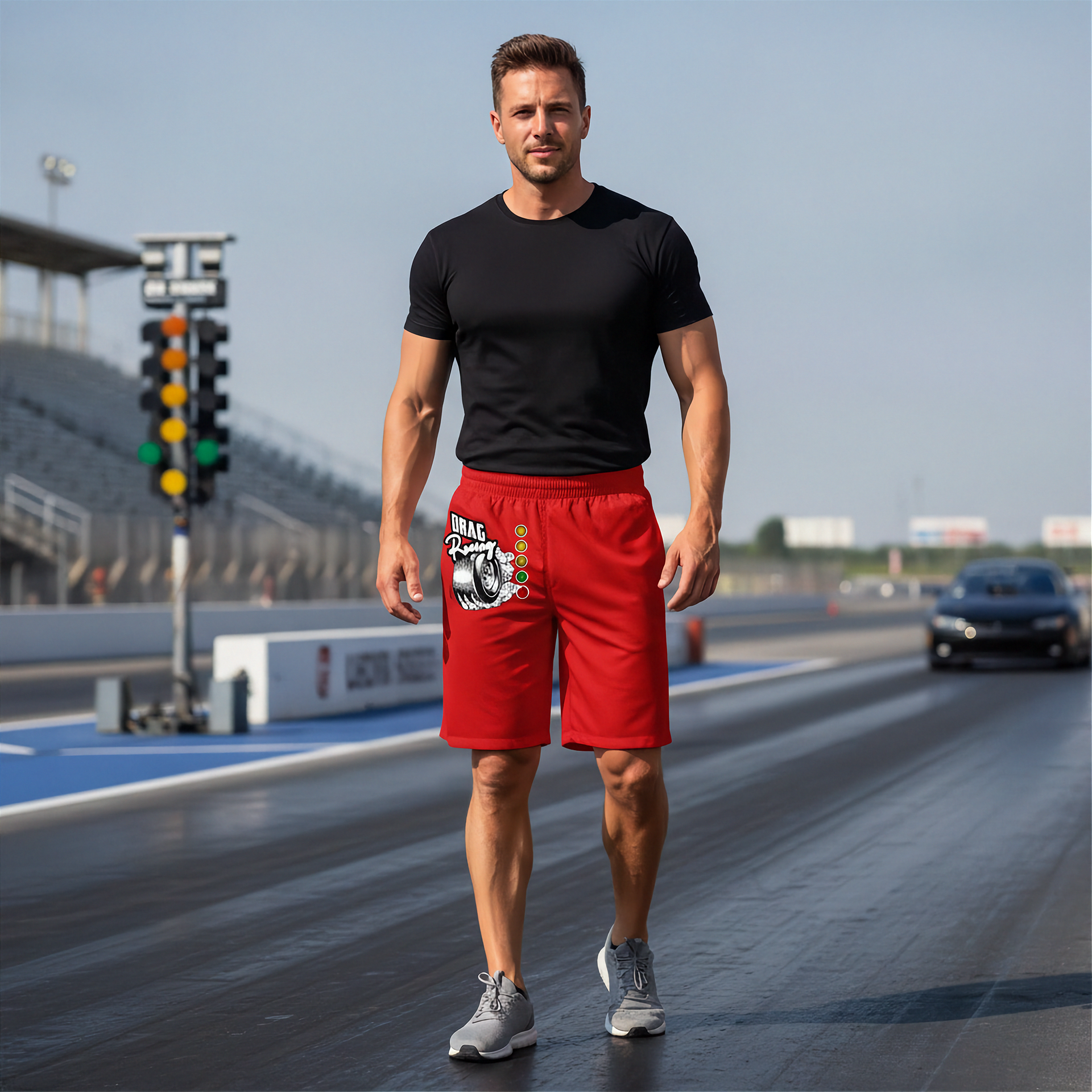 A man stands on a racetrack wearing a black t-shirt and bright red athletic shorts with a white drag racing graphic print on the left leg, paired with gray sneakers. 