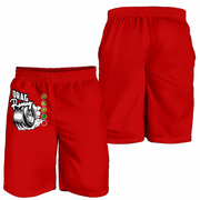 Red athletic shorts shown from the front and back on a plain white background. The front view includes a graphic on the left leg with the text 'DRAG Racing' and a tire illustration above a vertical row of colored circles.